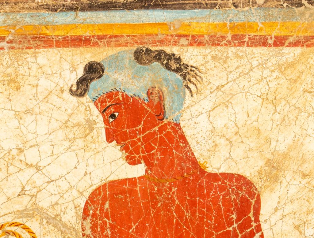 D'après l'Antiquité grecque, fresque de pêcheur sur plâtre sur panneau de bois, reproduction d'Akrotiri, fresque du 17e siècle avant notre ère représentant un jeune homme tenant des fagots de poissons, non encadrée. 31.75