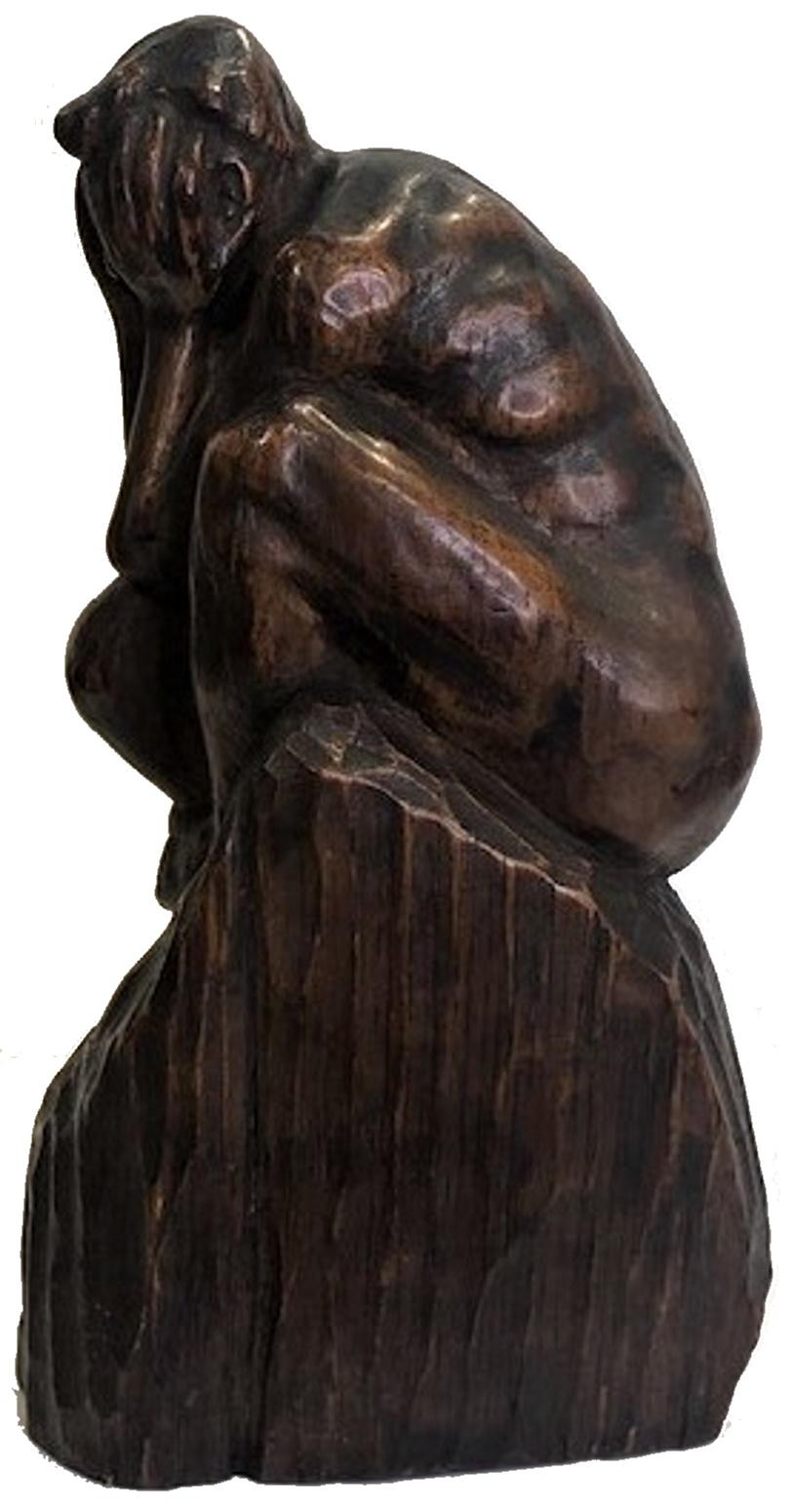Mid-20th Century After The Thinker, Modern Carved Wood Sculpture, ca. 1960s For Sale