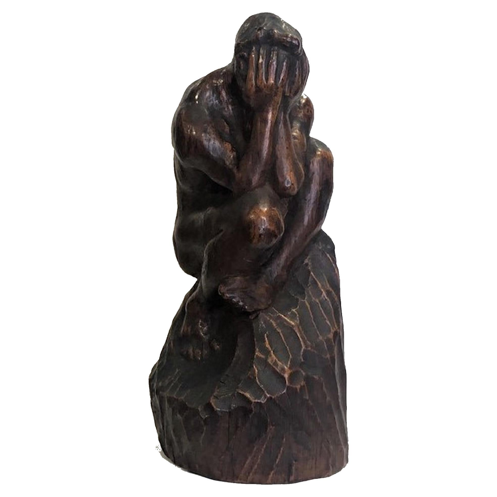 After The Thinker, Modern Carved Wood Sculpture, ca. 1960s For Sale