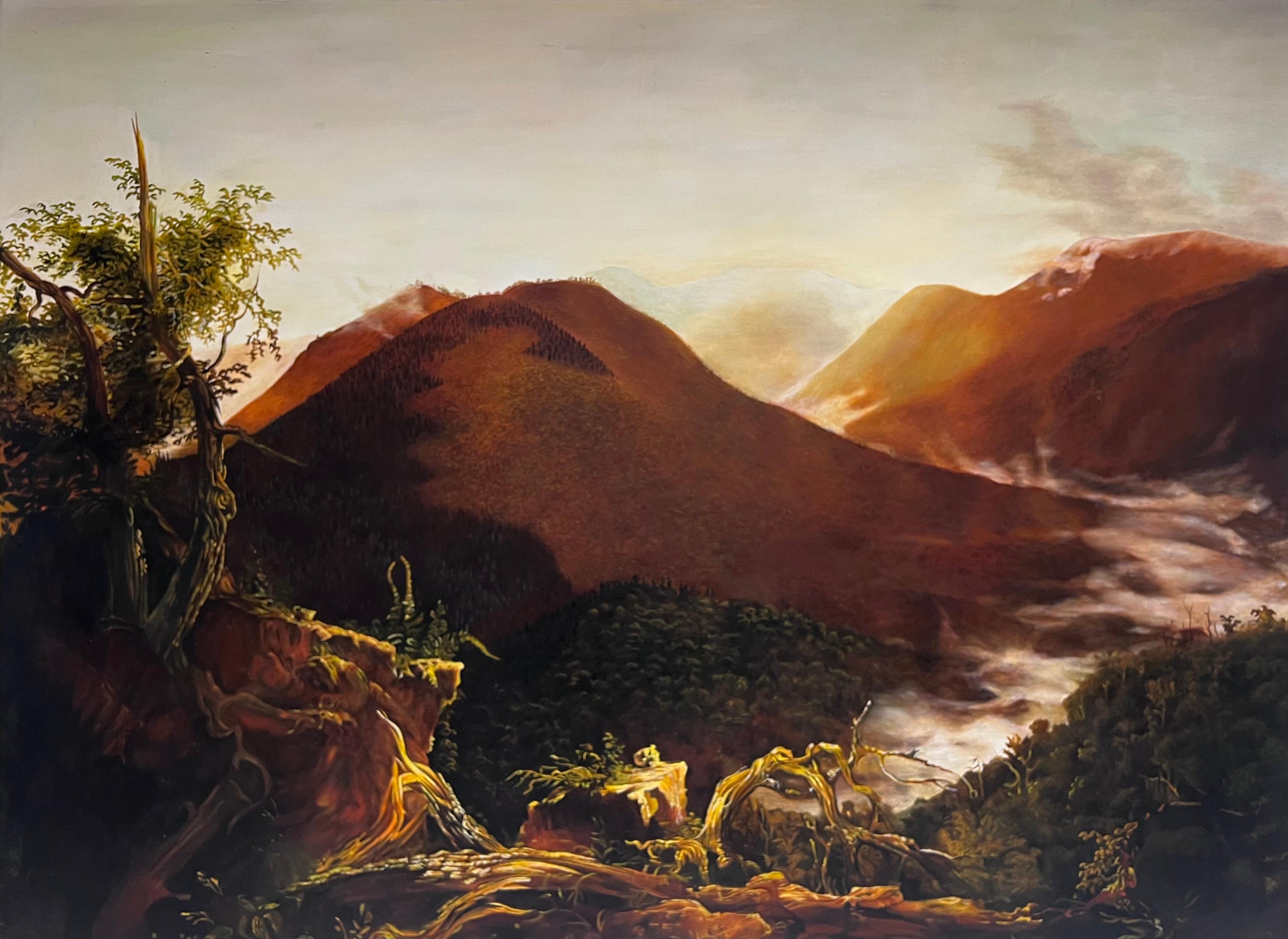 (After) Thomas Cole Landscape Painting – Sonnenaufgang in den Katzenkäfigen, großes Ölgemälde