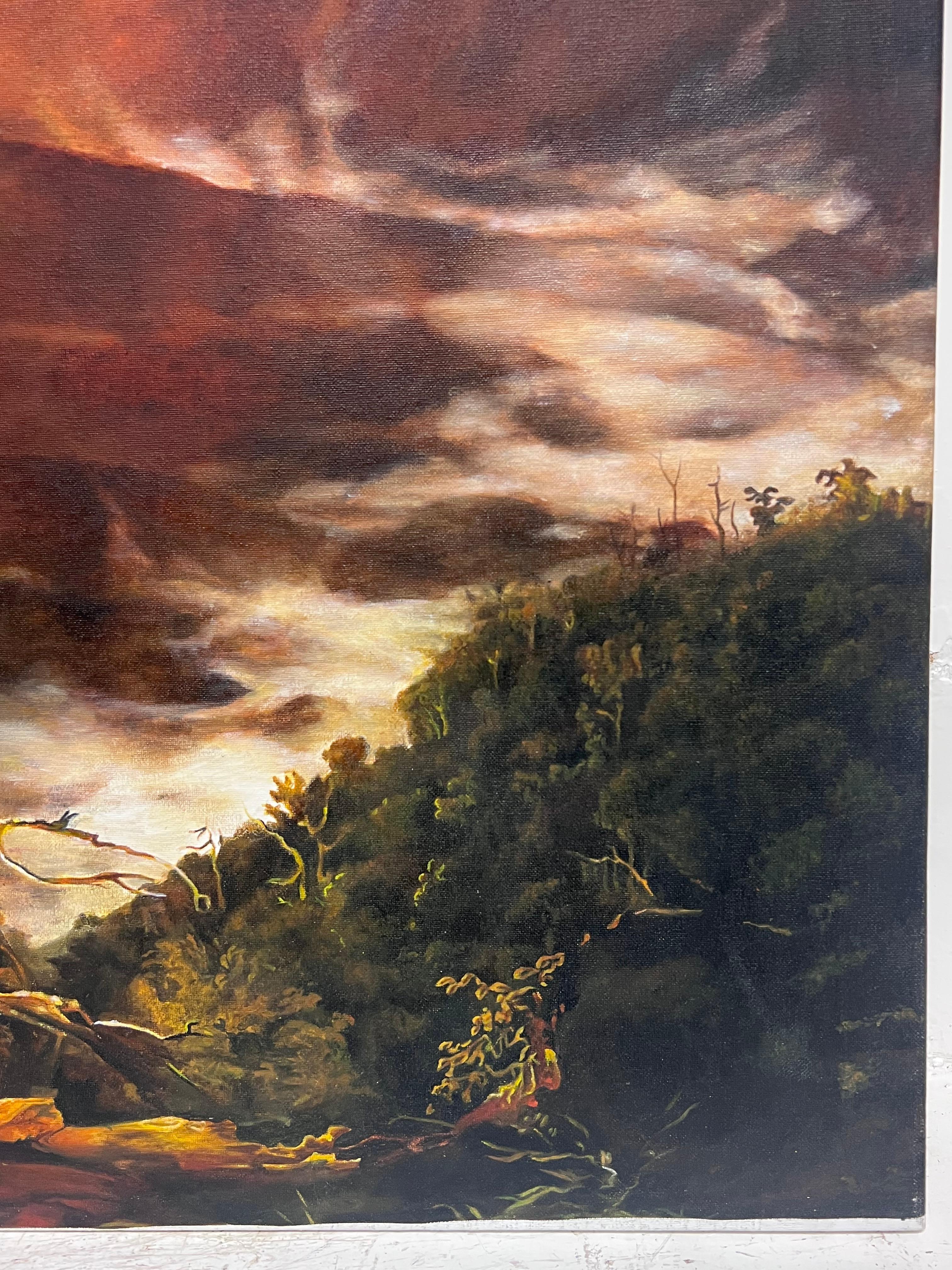 Sonnenaufgang in den Catskills
nach dem früheren Gemälde von Thomas Cole (Amerikaner 1801-1848)
Ölgemälde auf Leinwand, gerahmt
Gerahmte Größe: 40 x 52 Zoll

1826 lernte Thomas Cole Robert Gilmor Jr. kennen, einen äußerst sachkundigen und