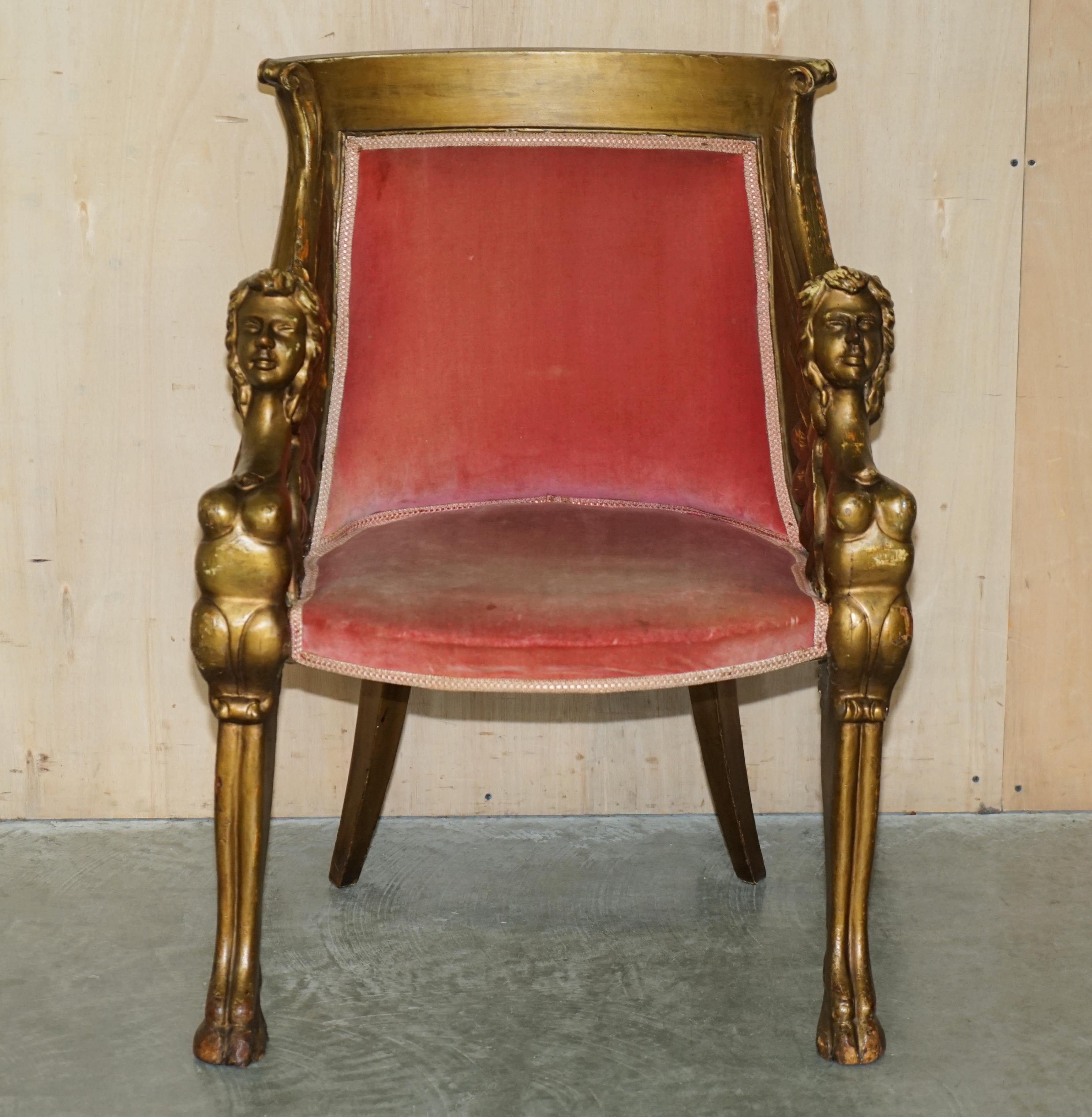 English After Thomas Hope Antique circa 1780 George III Hand Carved Giltwood Armchair For Sale