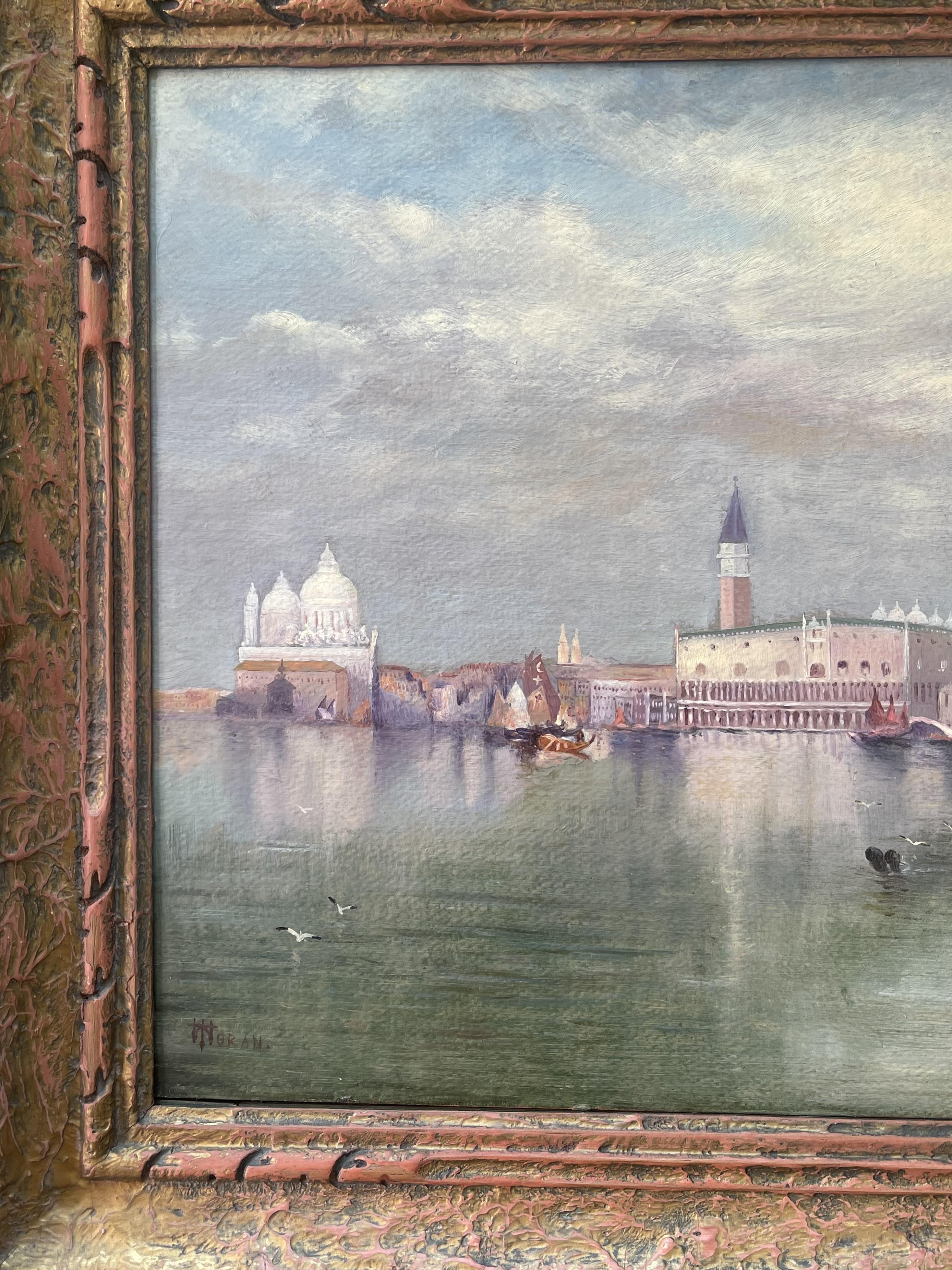 Hudson River School, Luminism Oil Painting After Thomas Moran Venice Boats - Brown Landscape Painting by (after) Thomas Moran