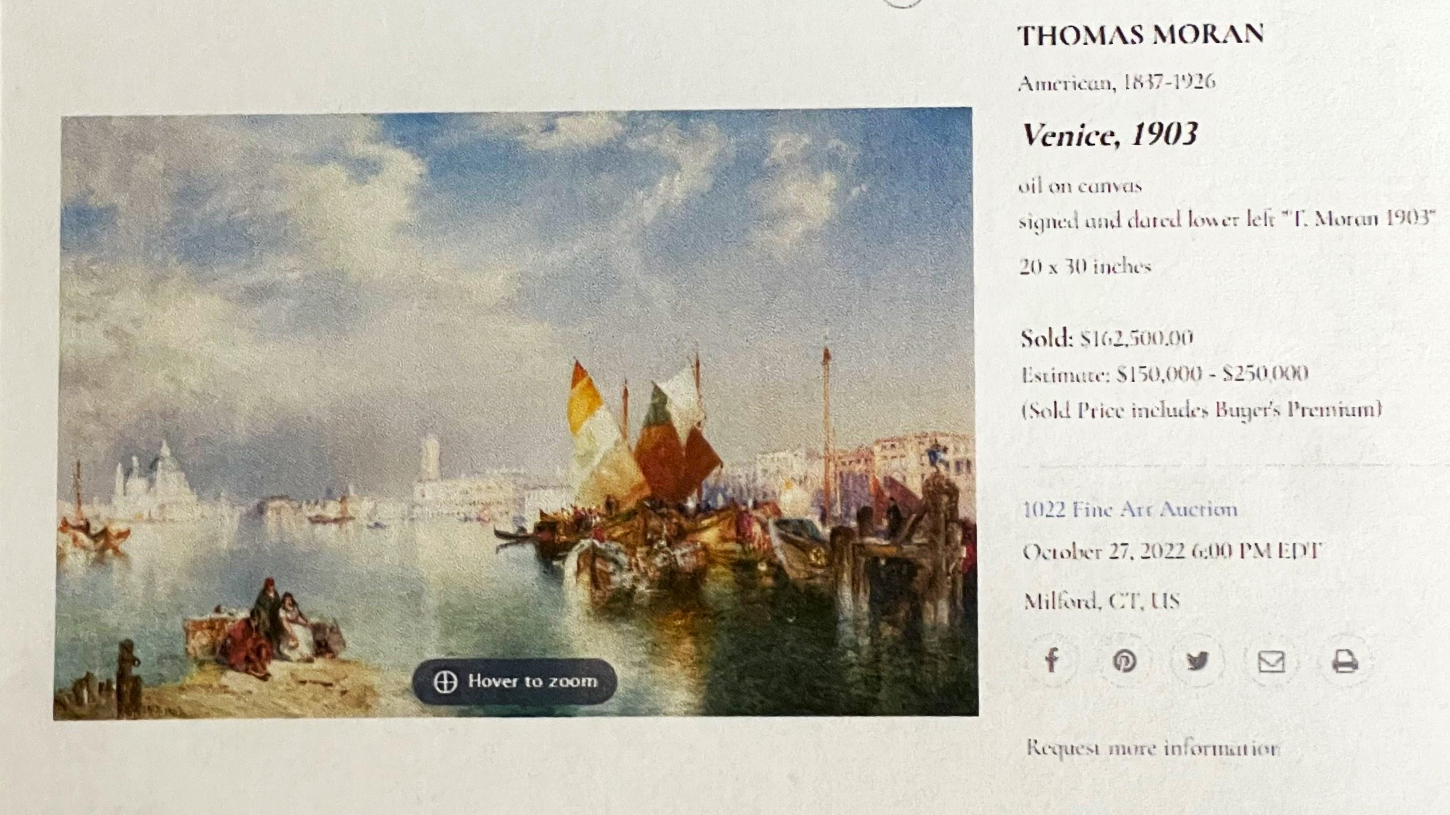 Hudson River School, Luminism Oil Painting After Thomas Moran Venice Boats For Sale 3