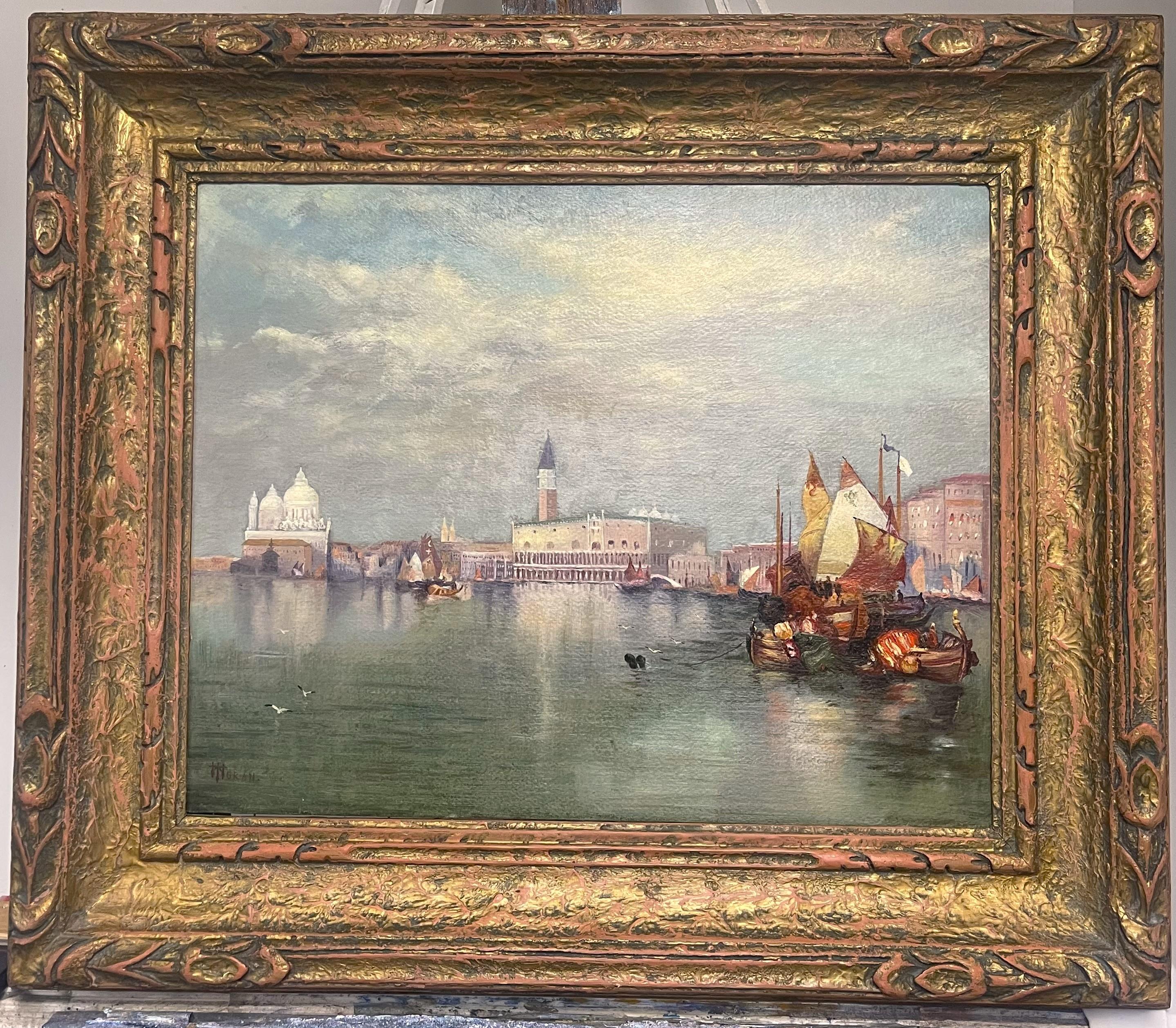 (after) Thomas Moran Landscape Painting - Hudson River School, Luminism Oil Painting After Thomas Moran Venice Boats