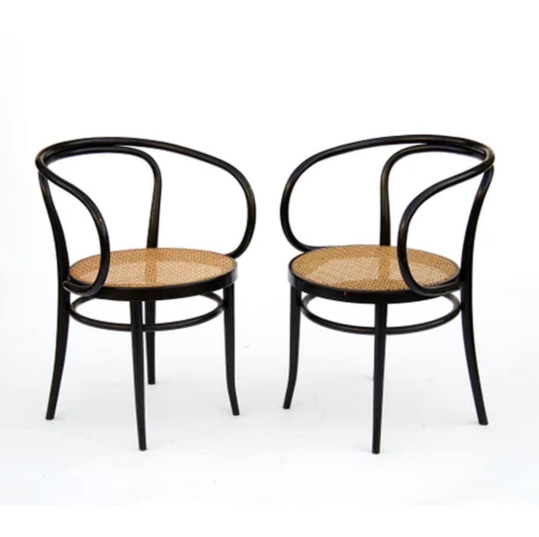 Mid-Century Modern  Chairs Thonet 209, Pair of Cane and Black Bentwood , 1940s or 1950s For Sale