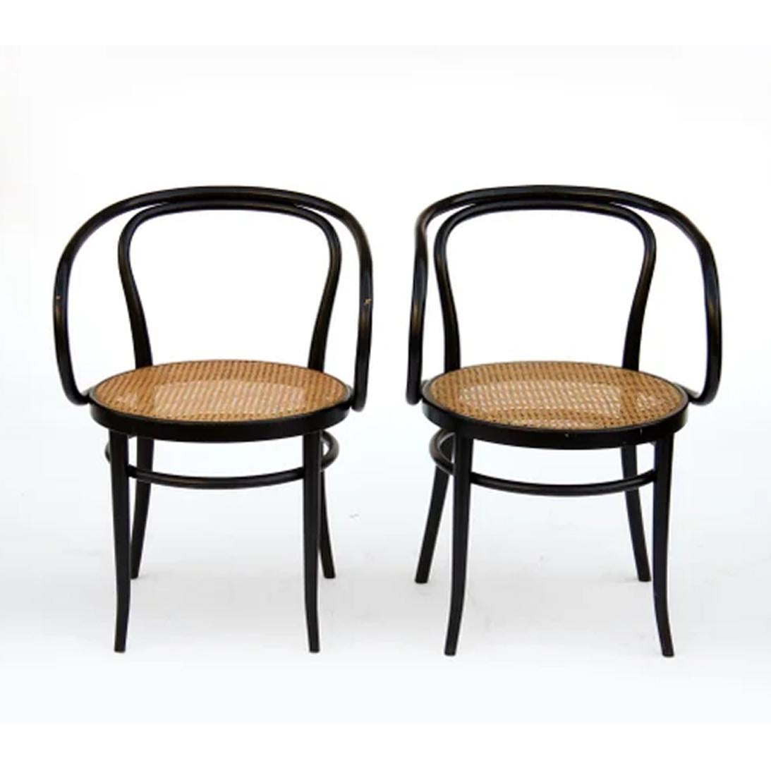 European  Chairs Thonet 209, Pair of Cane and Black Bentwood , 1940s or 1950s For Sale