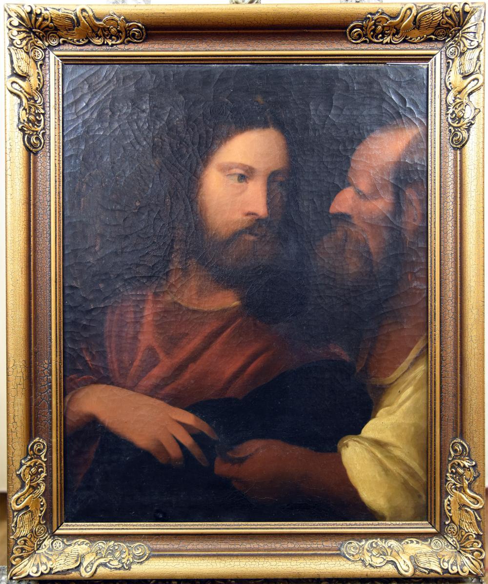 Unknown Figurative Painting - 17th c. Oil Painting "The Tribute Money" Christ and a Pharisee after Titian