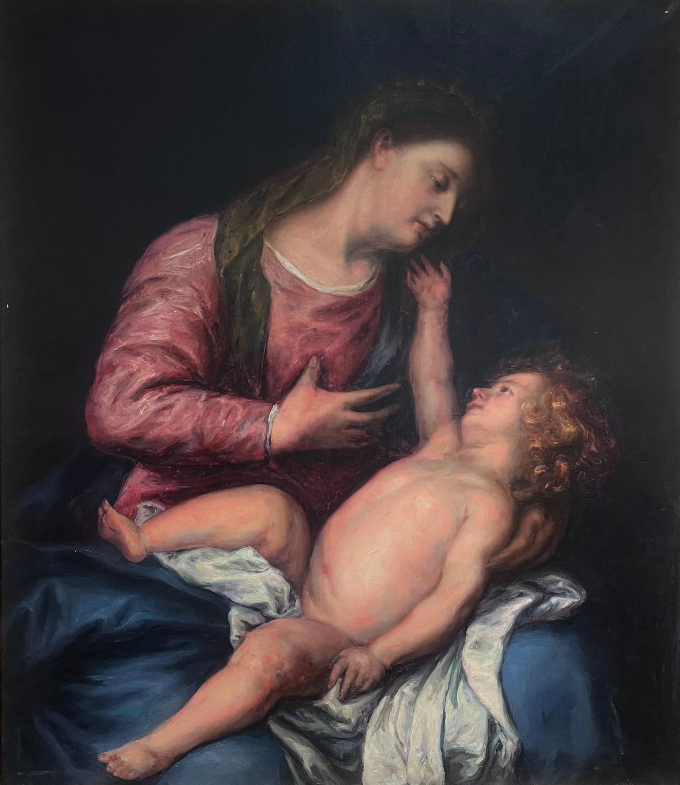 Enorme pintura al óleo victoriana inglesa del Viejo Maestro Madonna & Christ Child según Dyck - Painting de After Van Dyck