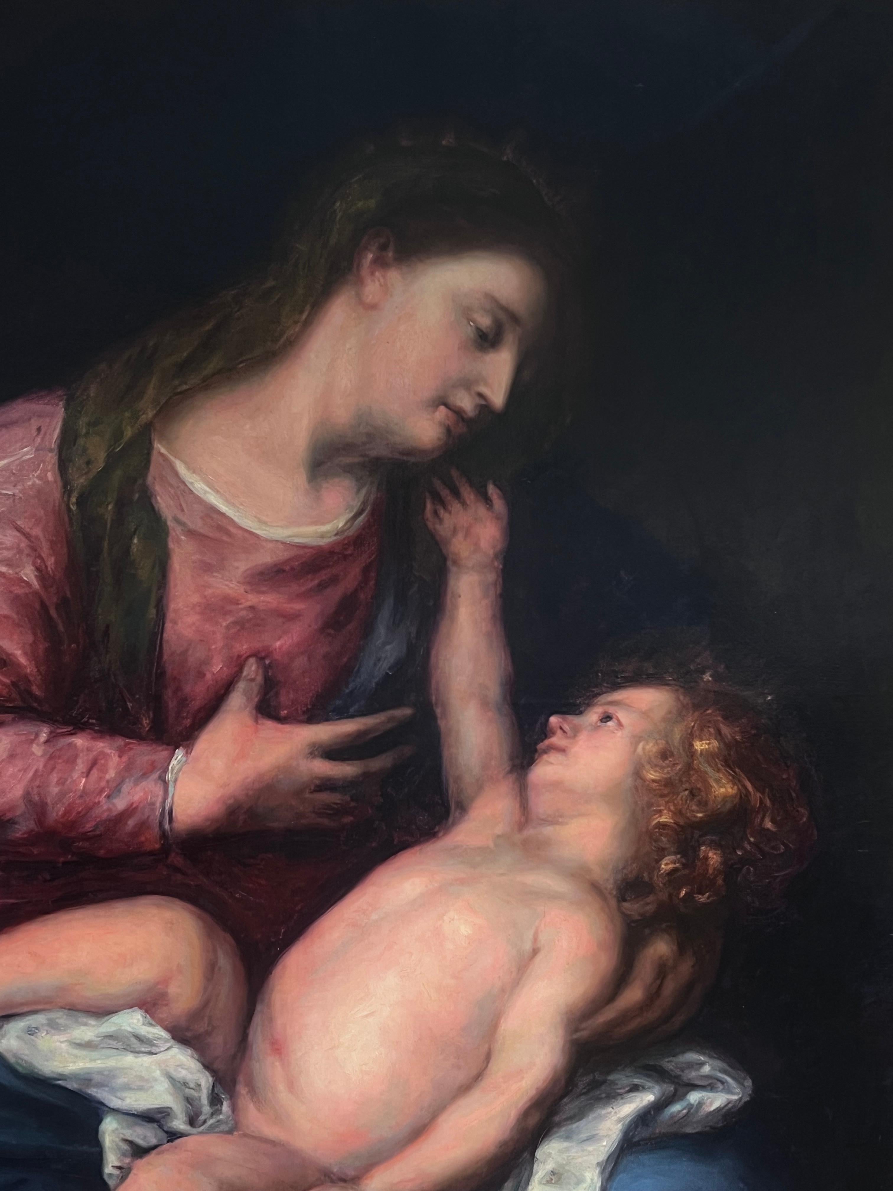 Enorme pintura al óleo victoriana inglesa del Viejo Maestro Madonna & Christ Child según Dyck - Painting Antiguos maestros de After Van Dyck