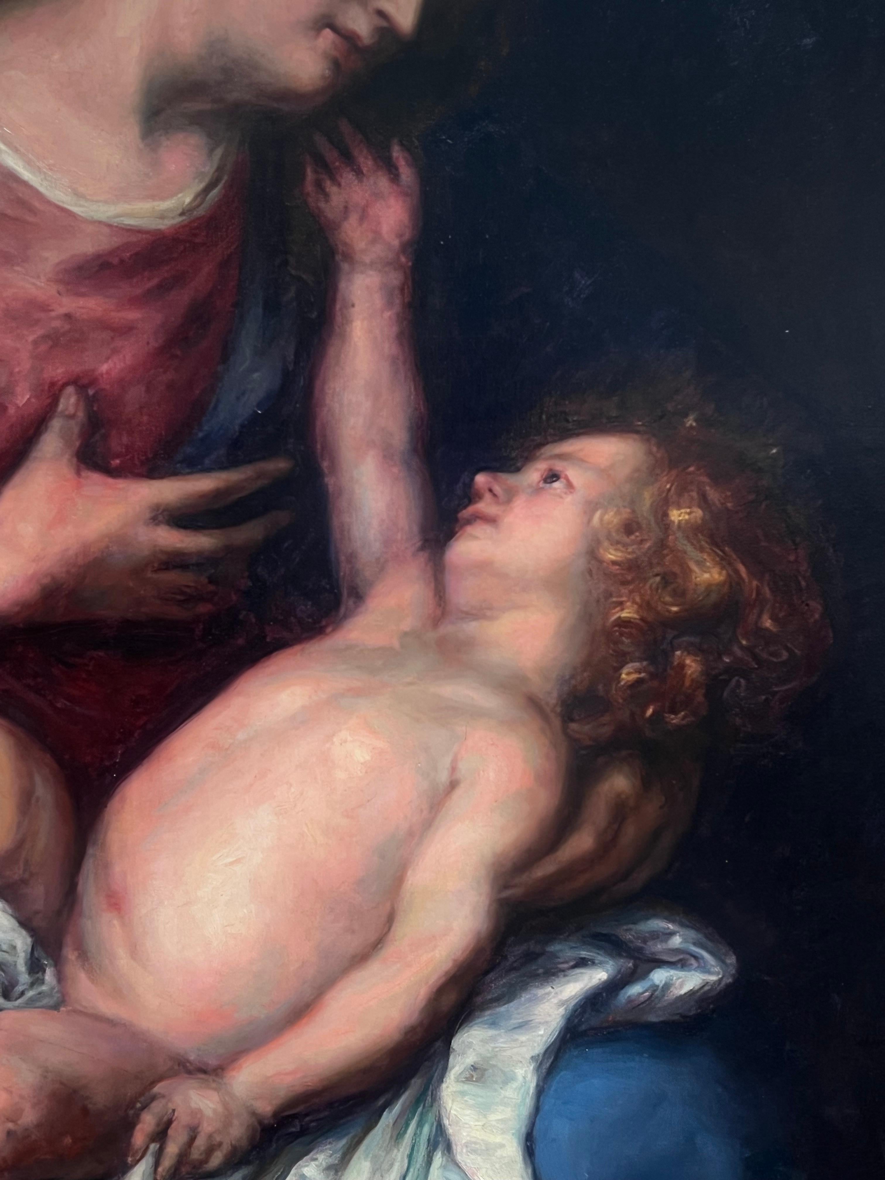 Enorme pintura al óleo victoriana inglesa del Viejo Maestro Madonna & Christ Child según Dyck - Portrait Painting Negro de After Van Dyck