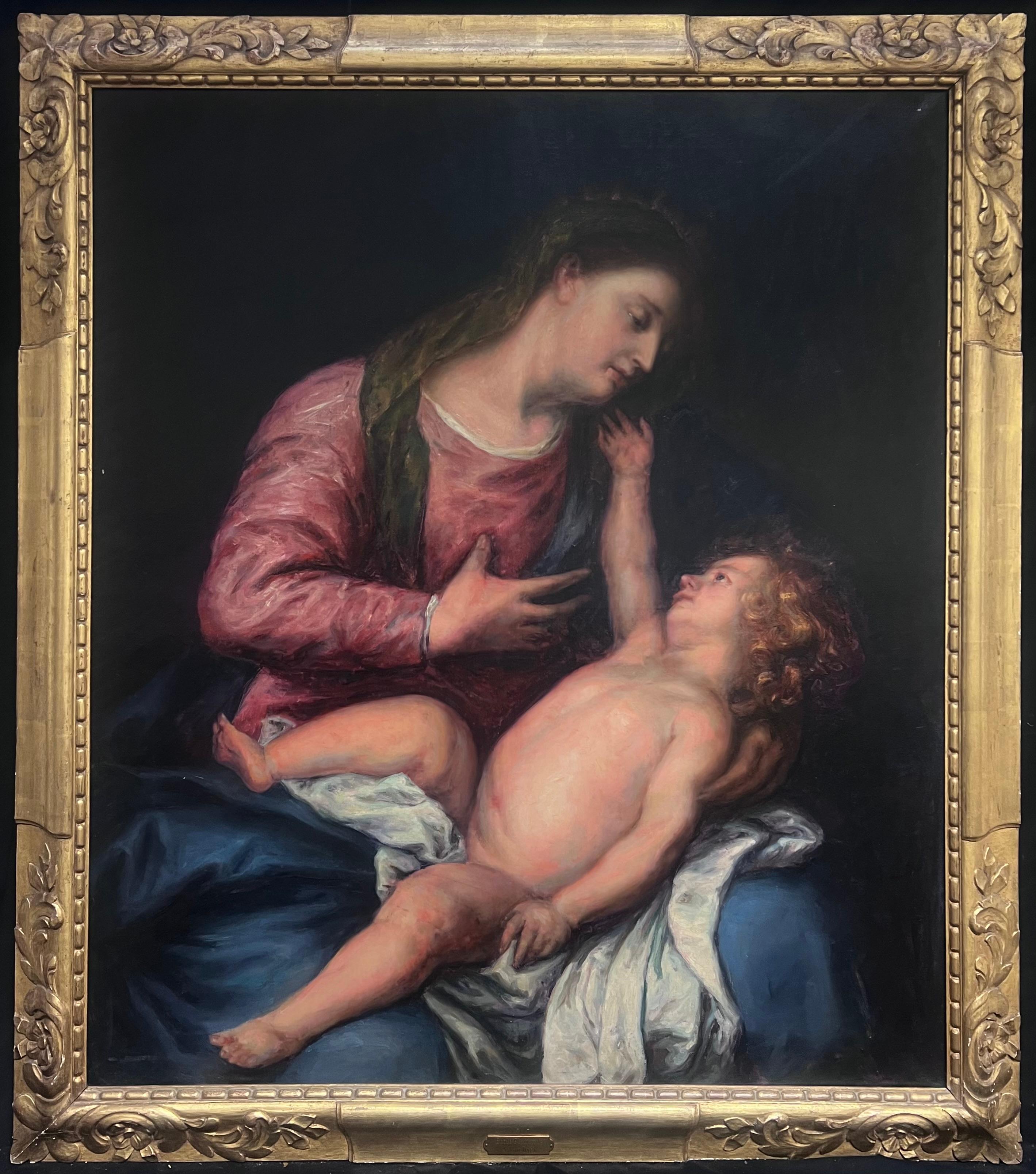 Portrait Painting de After Van Dyck - Enorme pintura al óleo victoriana inglesa del Viejo Maestro Madonna & Christ Child según Dyck