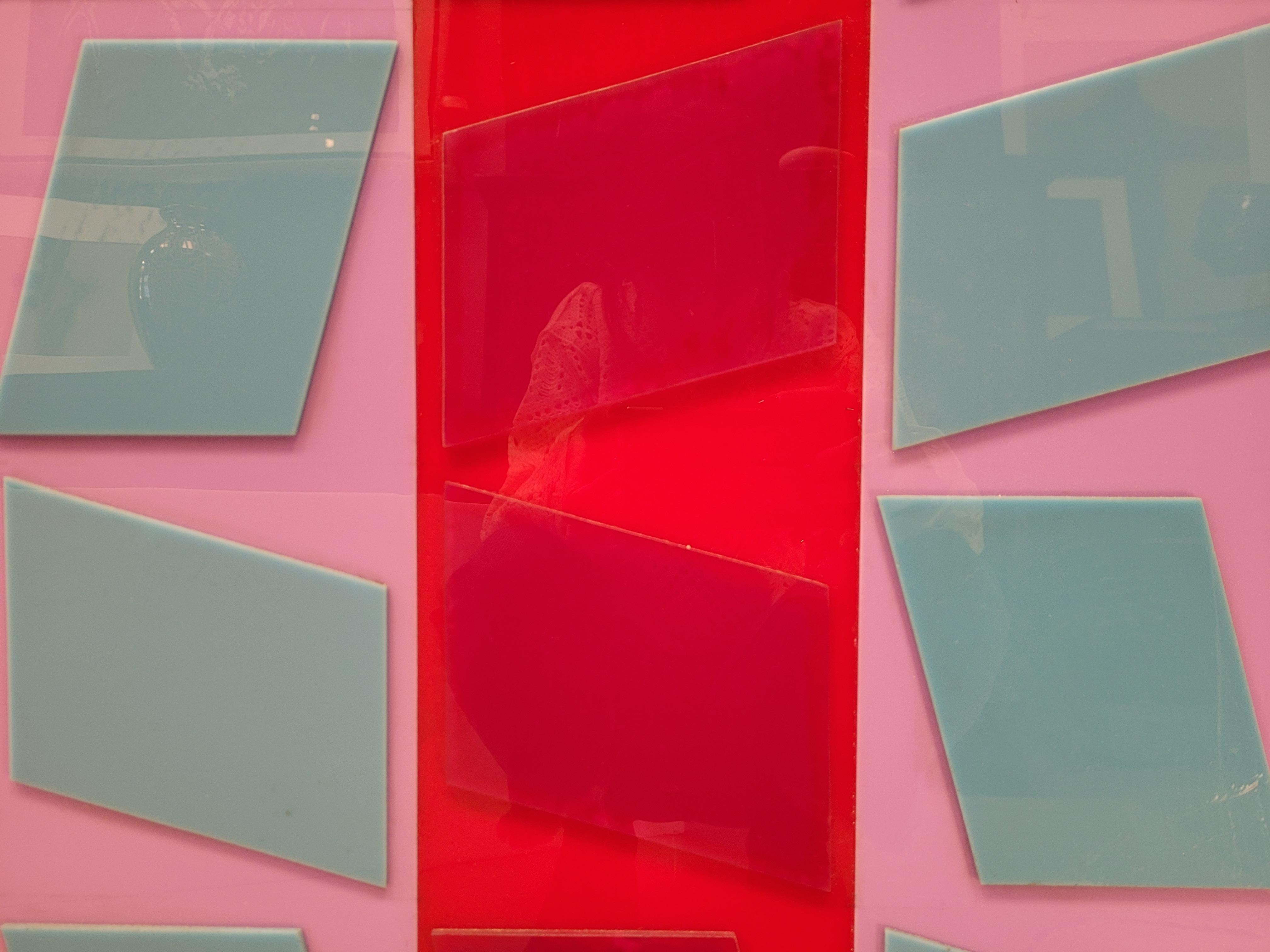 After Vasarely red, blue, pink Couple Op Art Paintings Fiberglass 70's 4