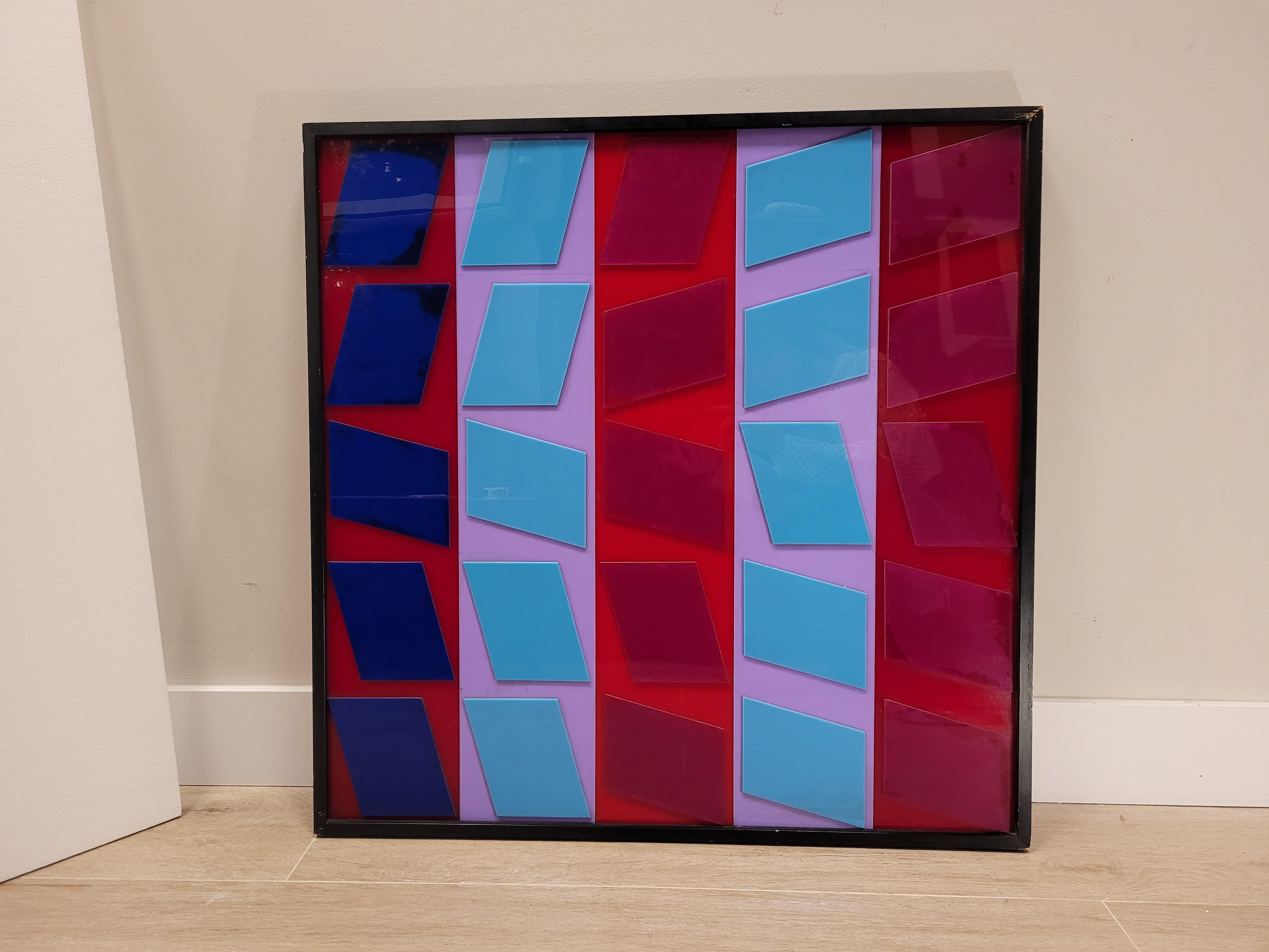 After Vasarely red, blue, pink Couple Op Art Paintings Fiberglass 70's 6