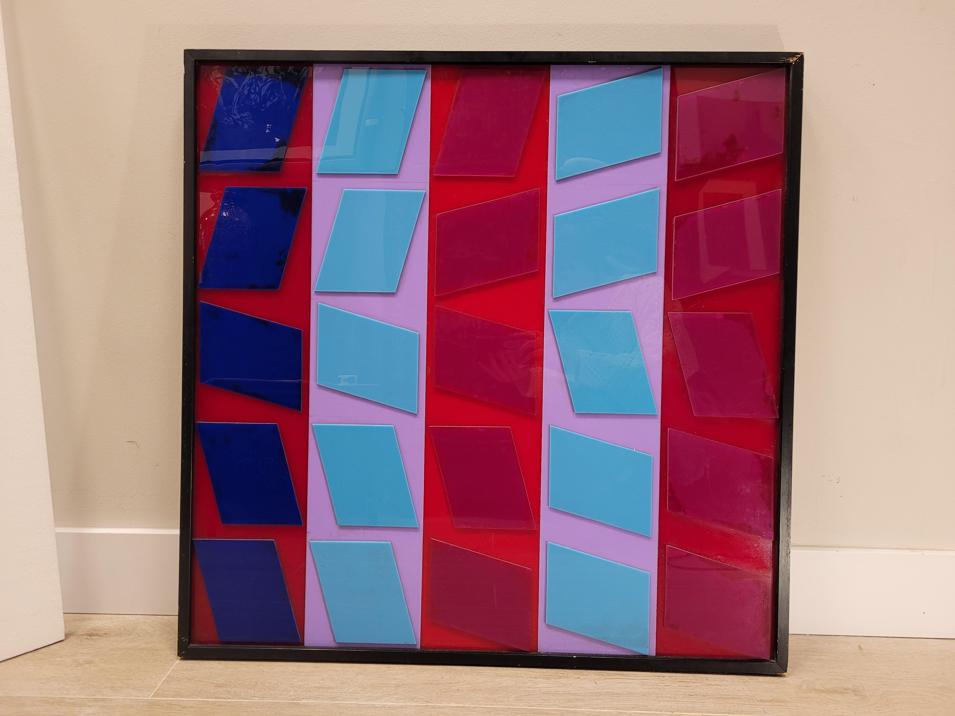 After Vasarely red, blue, pink Couple Op Art Paintings Fiberglass 70's 7