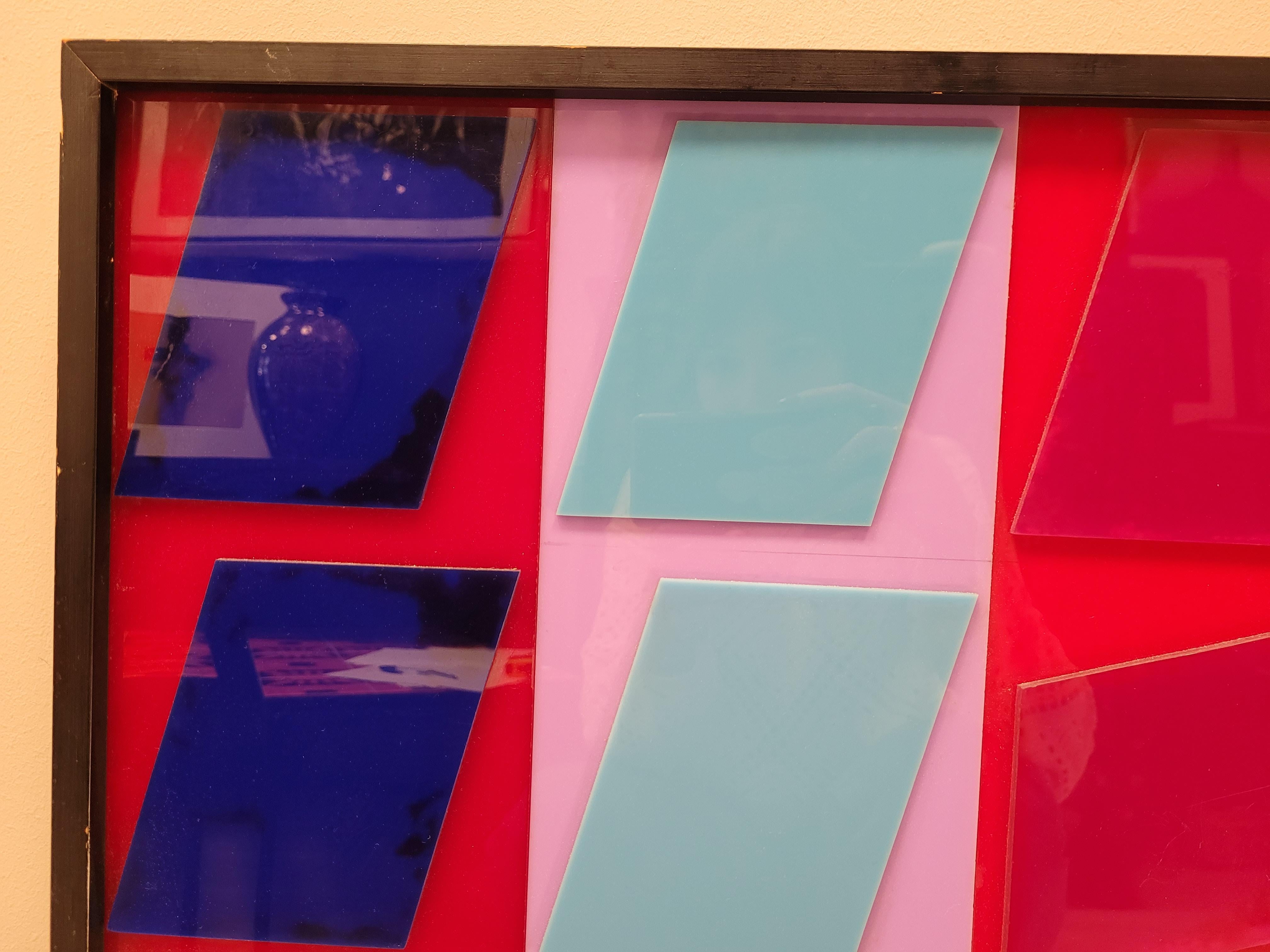 After Vasarely red, blue, pink Couple Op Art Paintings Fiberglass 70's 9