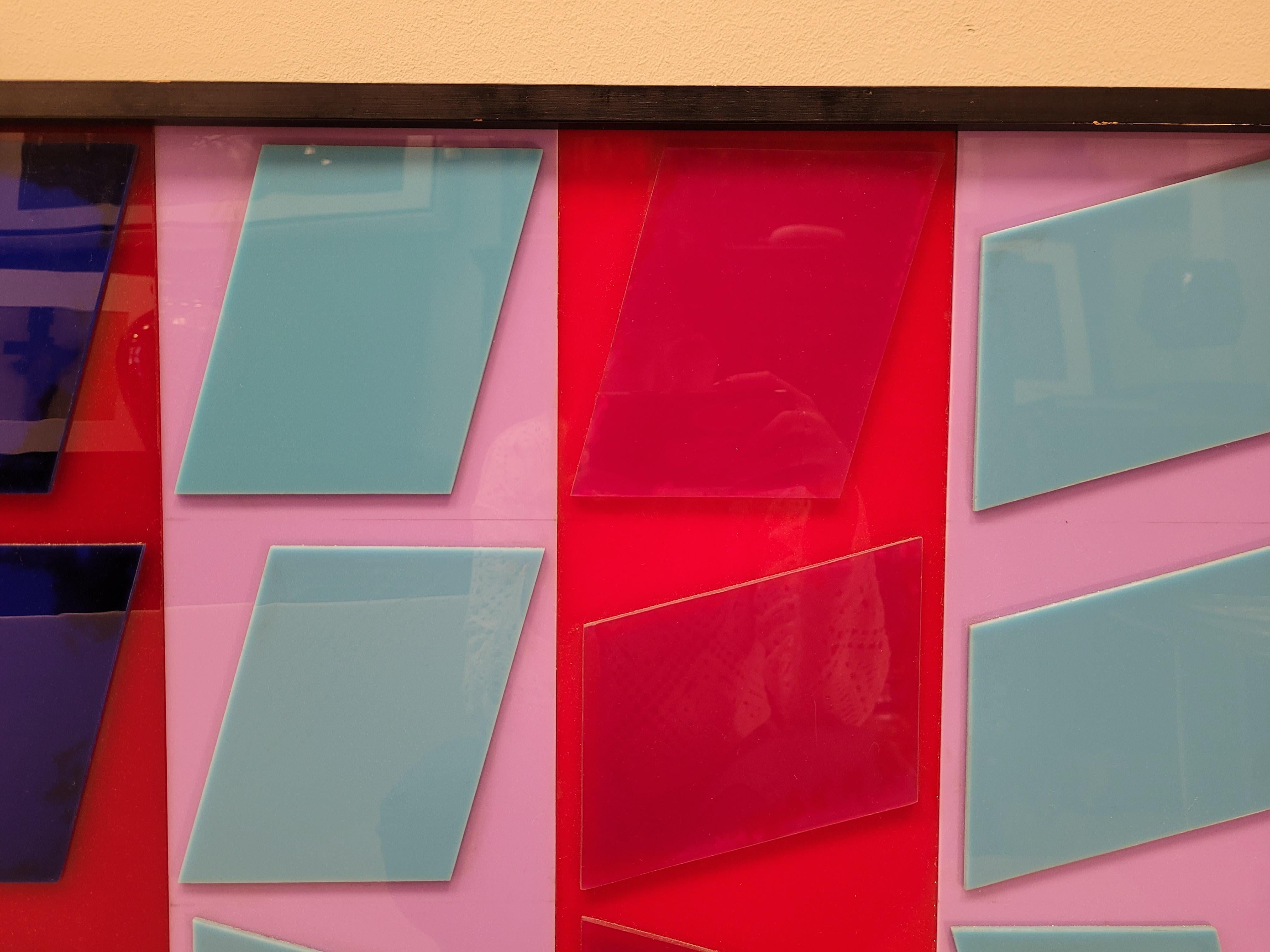 After Vasarely red, blue, pink Couple Op Art Paintings Fiberglass 70's 10