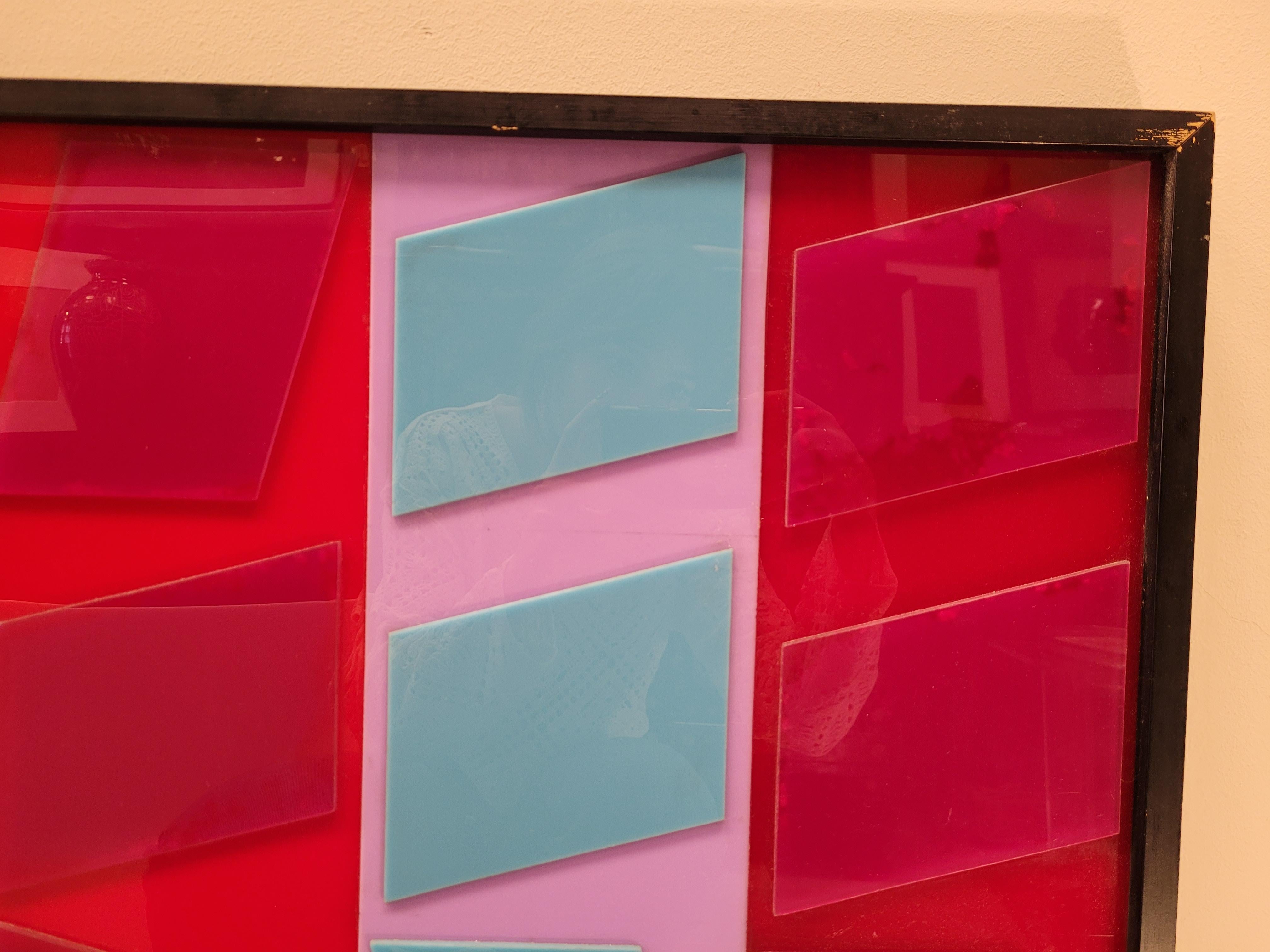 After Vasarely red, blue, pink Couple Op Art Paintings Fiberglass 70's 11