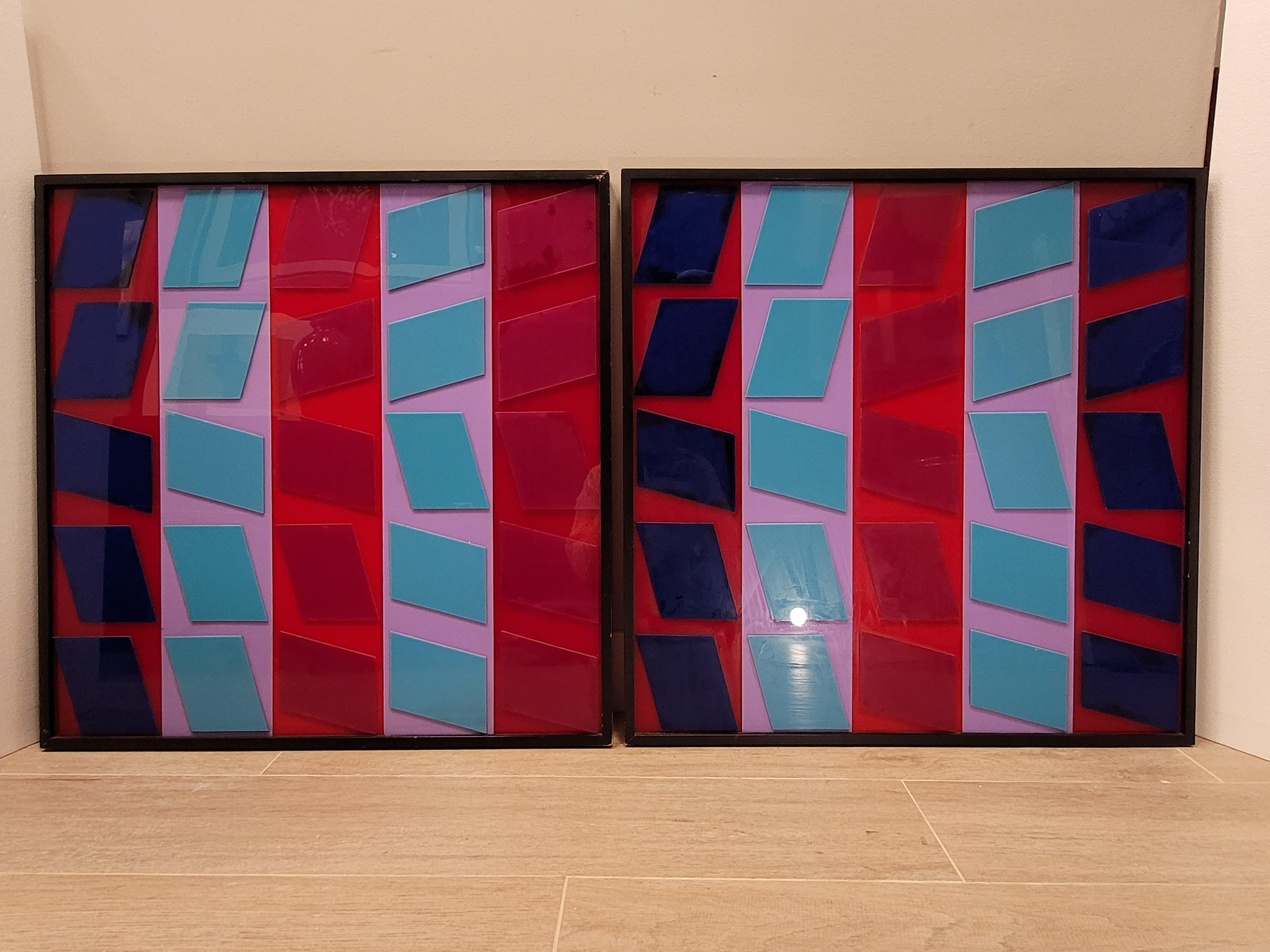 After Vasarely red, blue, pink Couple Op Art Paintings Fiberglass 70's 12