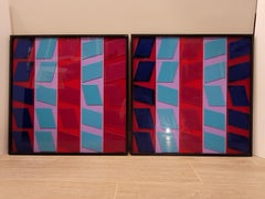 After Vasarely red, blue, pink Couple Op Art Paintings Fiberglass 70's