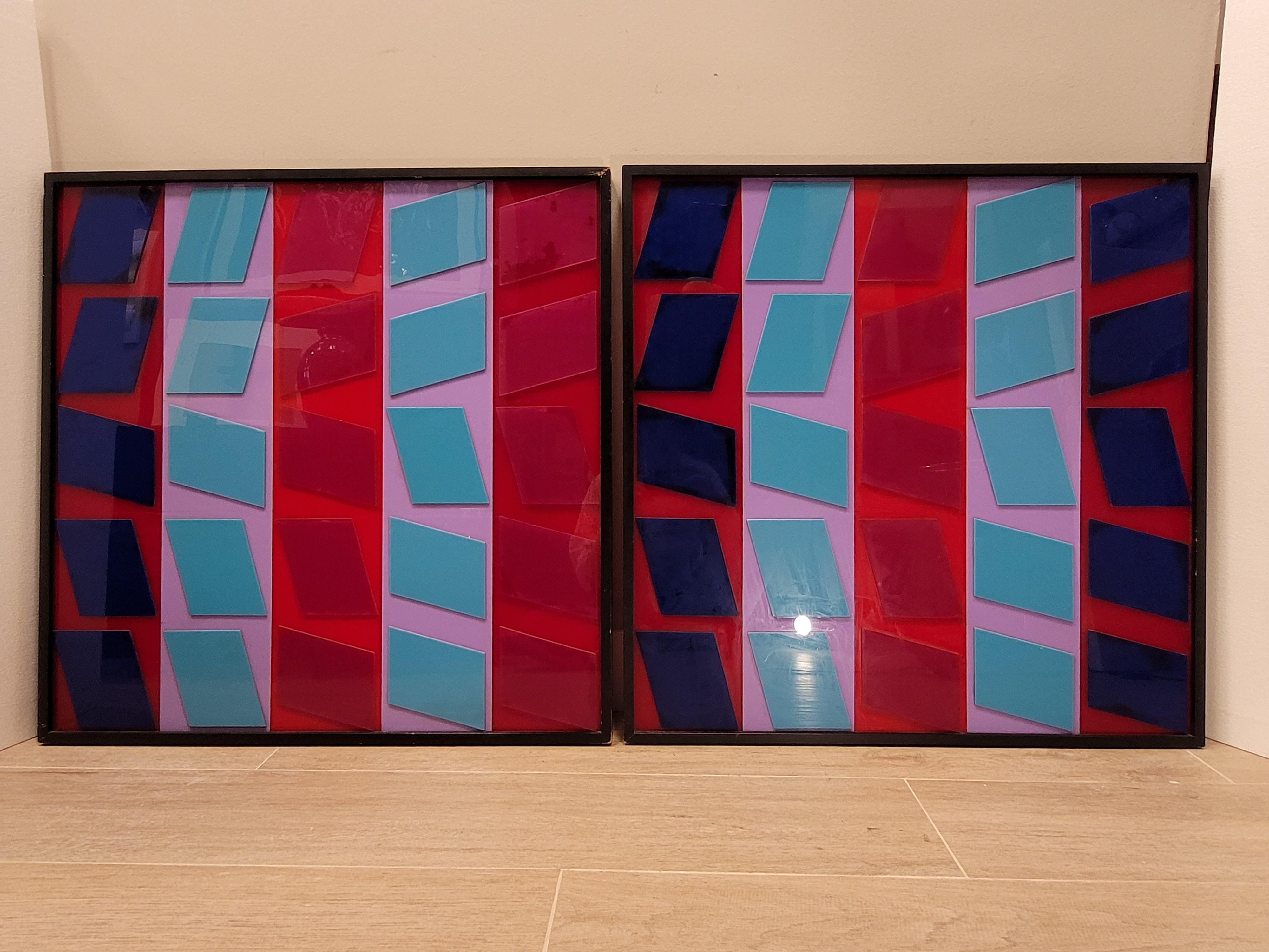 Mid-Century Modern After Vasarely red, blue, pink Couple Op Art Paintings Fiberglass 70's