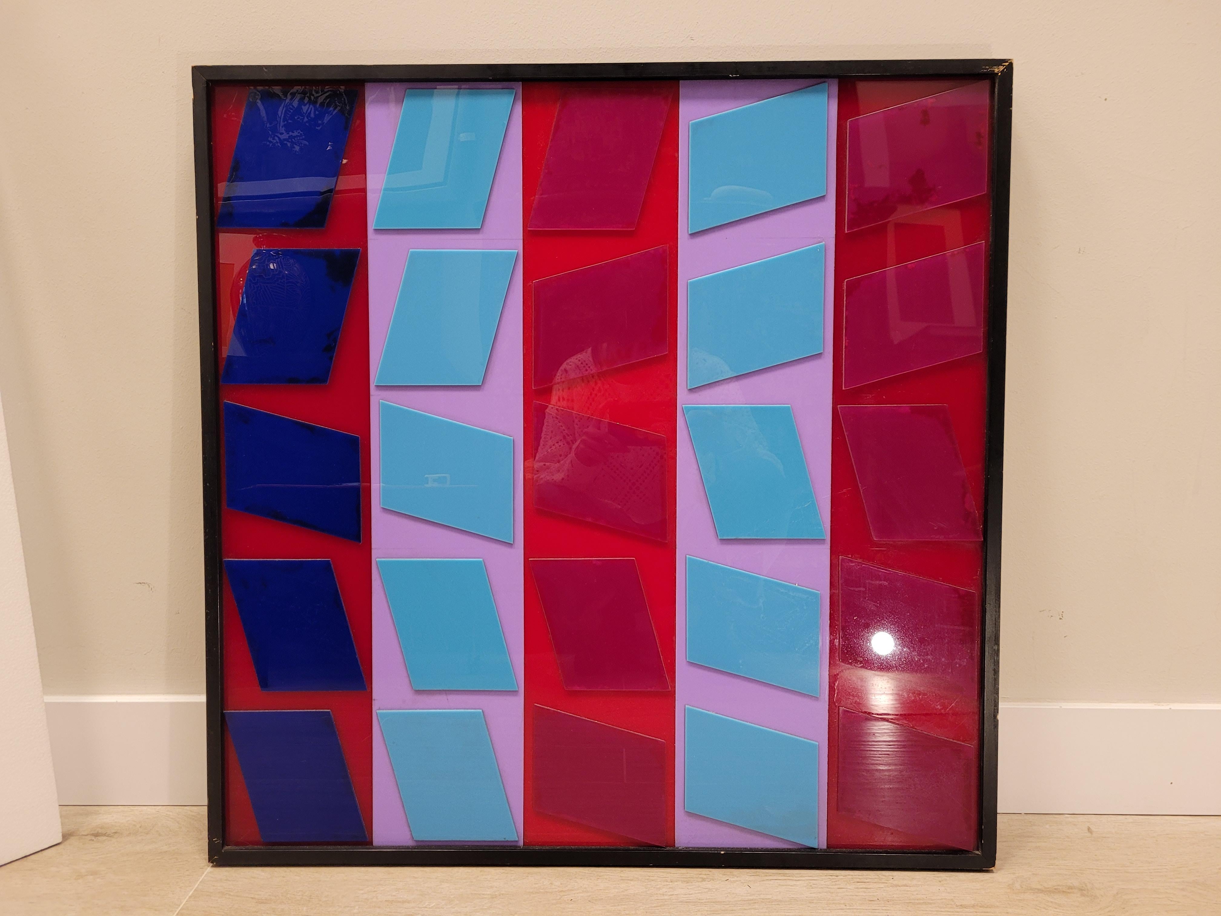 Hand-Crafted After Vasarely red, blue, pink Couple Op Art Paintings Fiberglass 70's