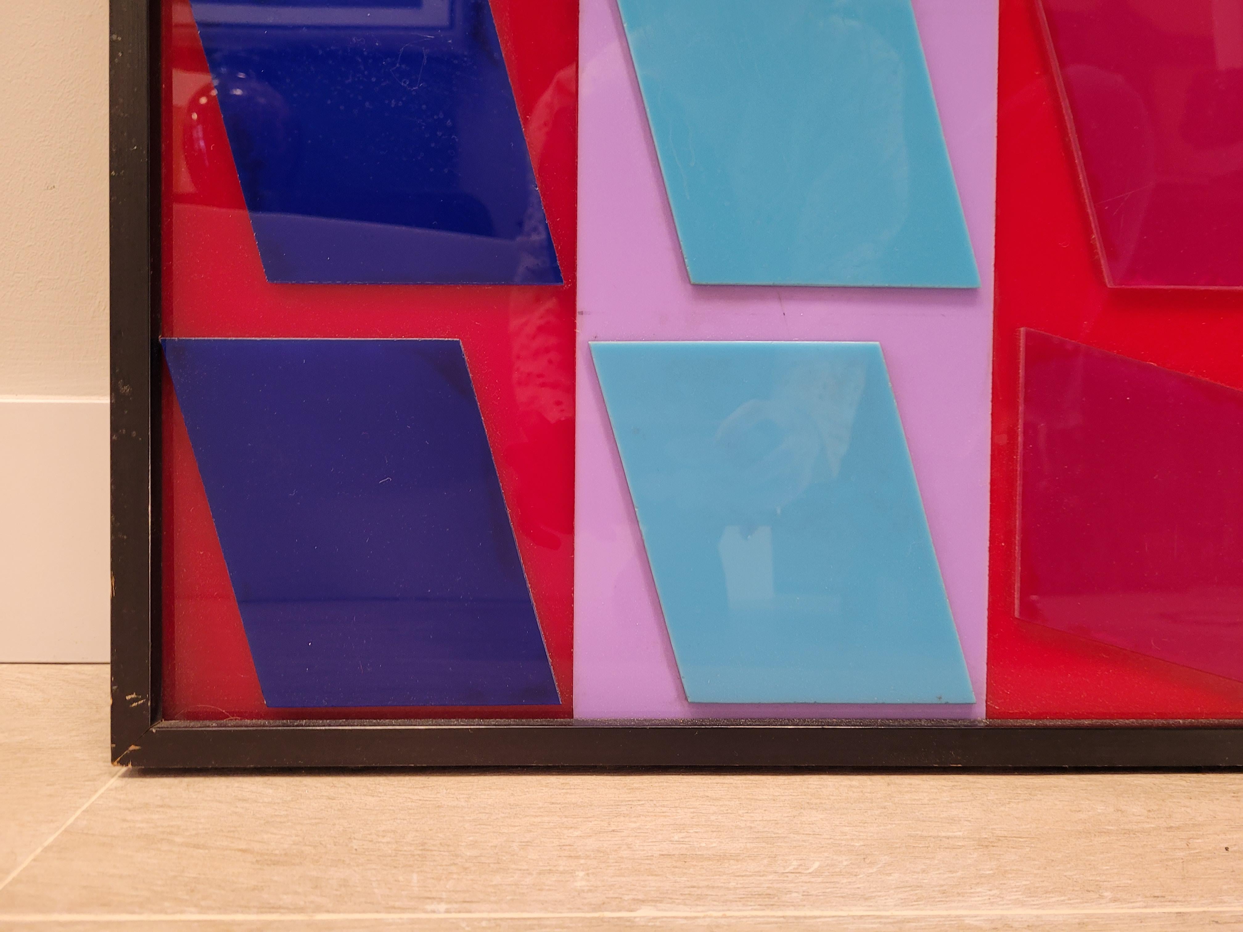 After Vasarely red, blue, pink Couple Op Art Paintings Fiberglass 70's 1