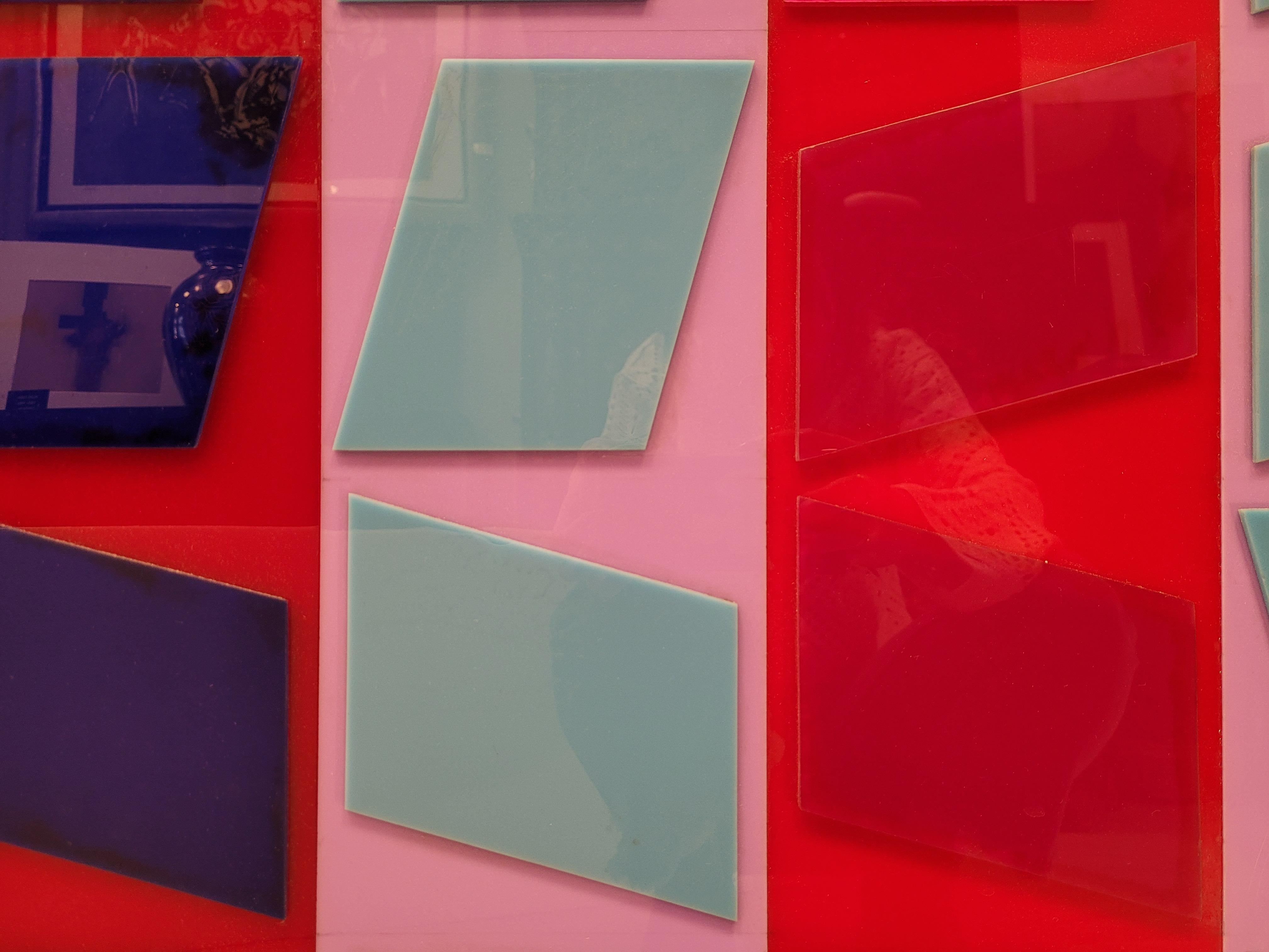 After Vasarely red, blue, pink Couple Op Art Paintings Fiberglass 70's 2