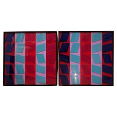After Vasarely red, blue, pink Couple Op Art Paintings Fiberglass 70's