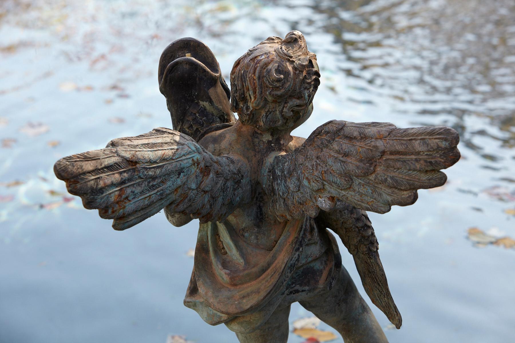 After Verrocchio, Detailed Bronze Water Garden Statue of Cherub and Fish, 1940s 8