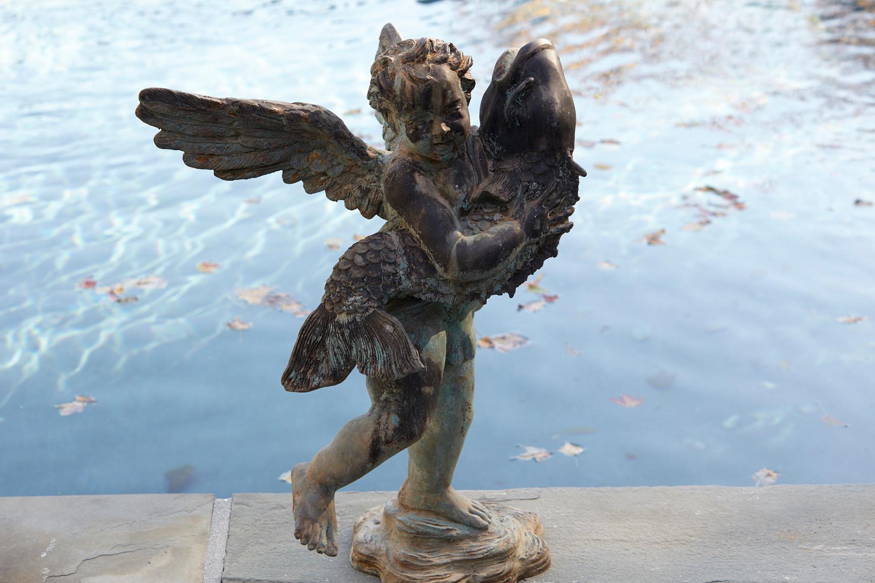 After Verrocchio, Detailed Bronze Water Garden Statue of Cherub and Fish, 1940s 9