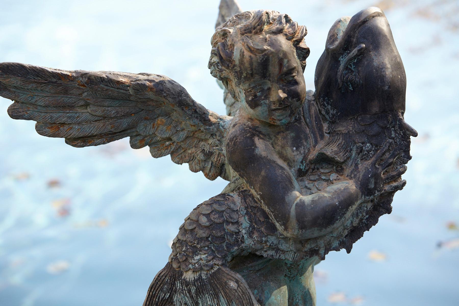 After Verrocchio, Detailed Bronze Water Garden Statue of Cherub and Fish, 1940s 10