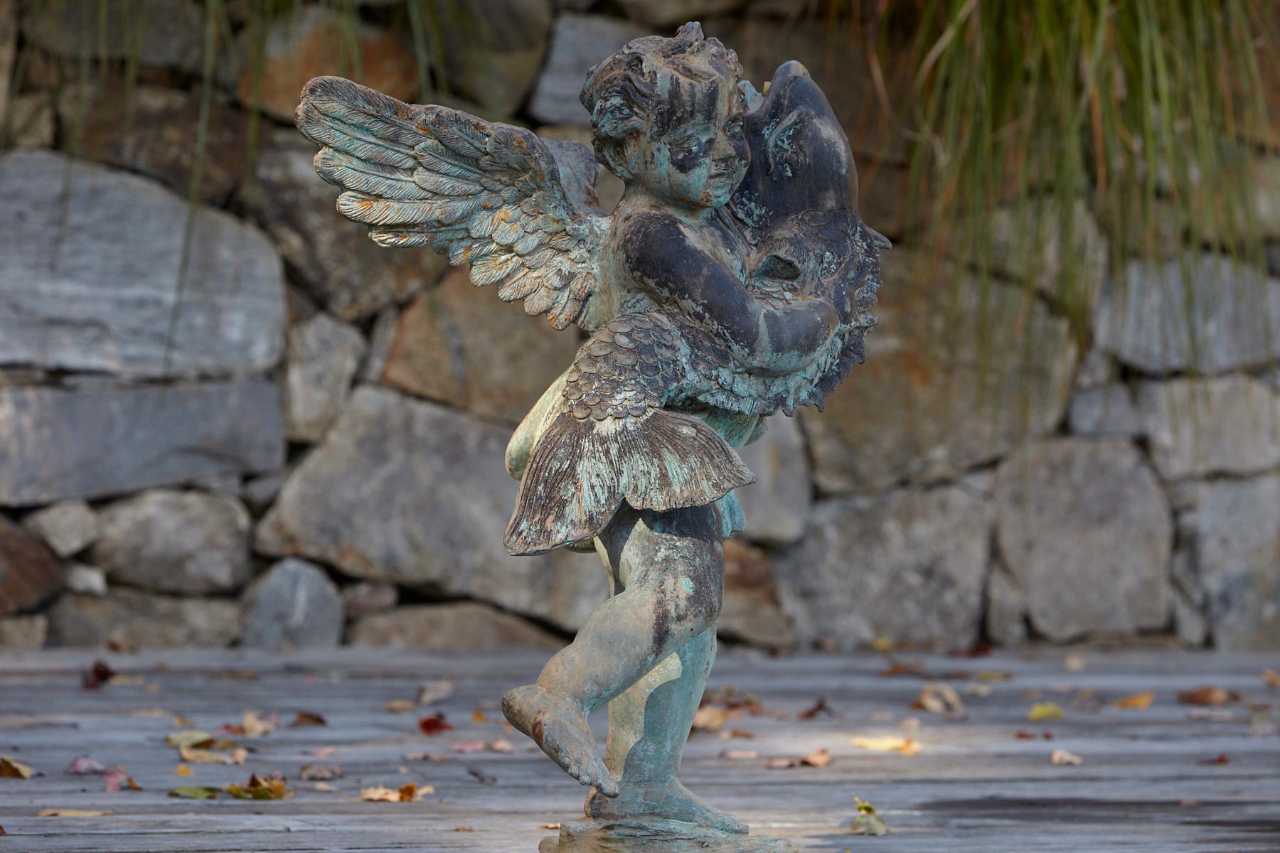 After Verrocchio, Detailed Bronze Water Garden Statue of Cherub and Fish, 1940s In Good Condition In Pau, FR