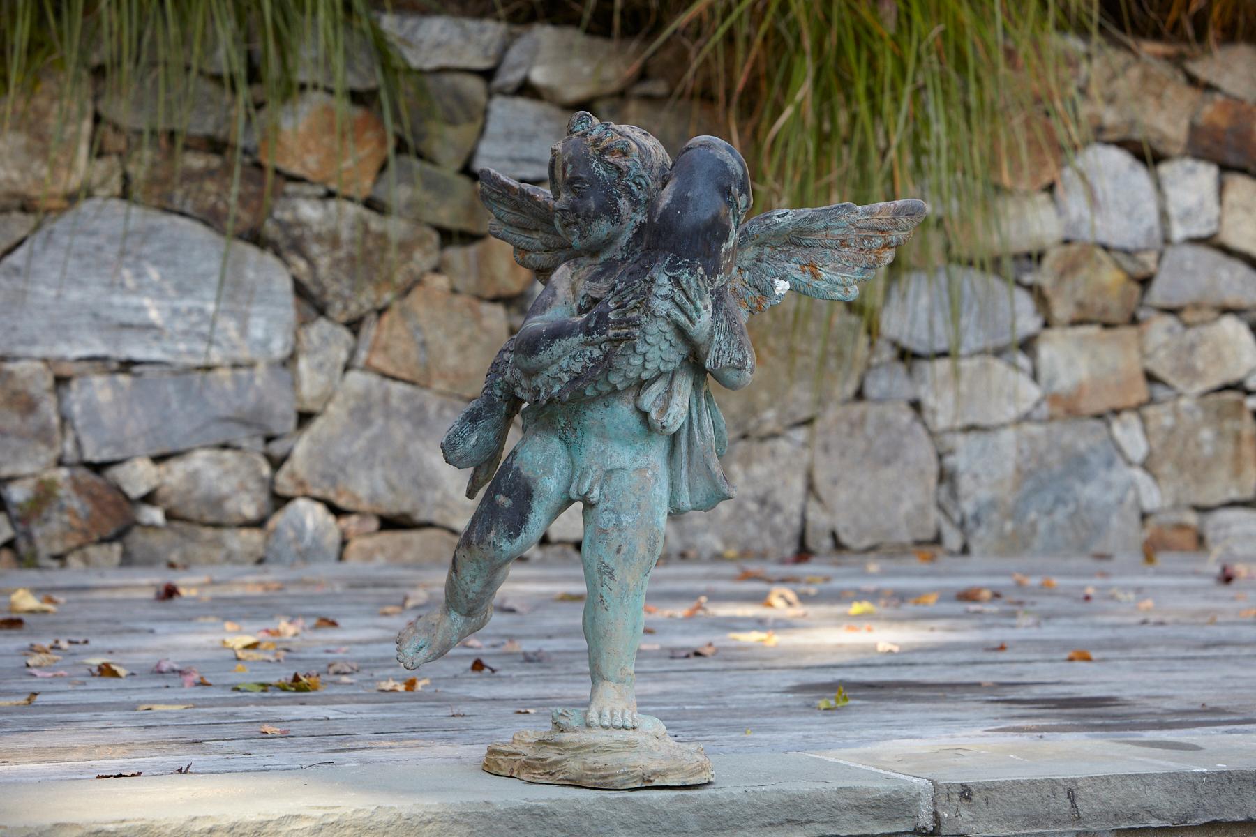 After Verrocchio, Detailed Bronze Water Garden Statue of Cherub and Fish, 1940s 2