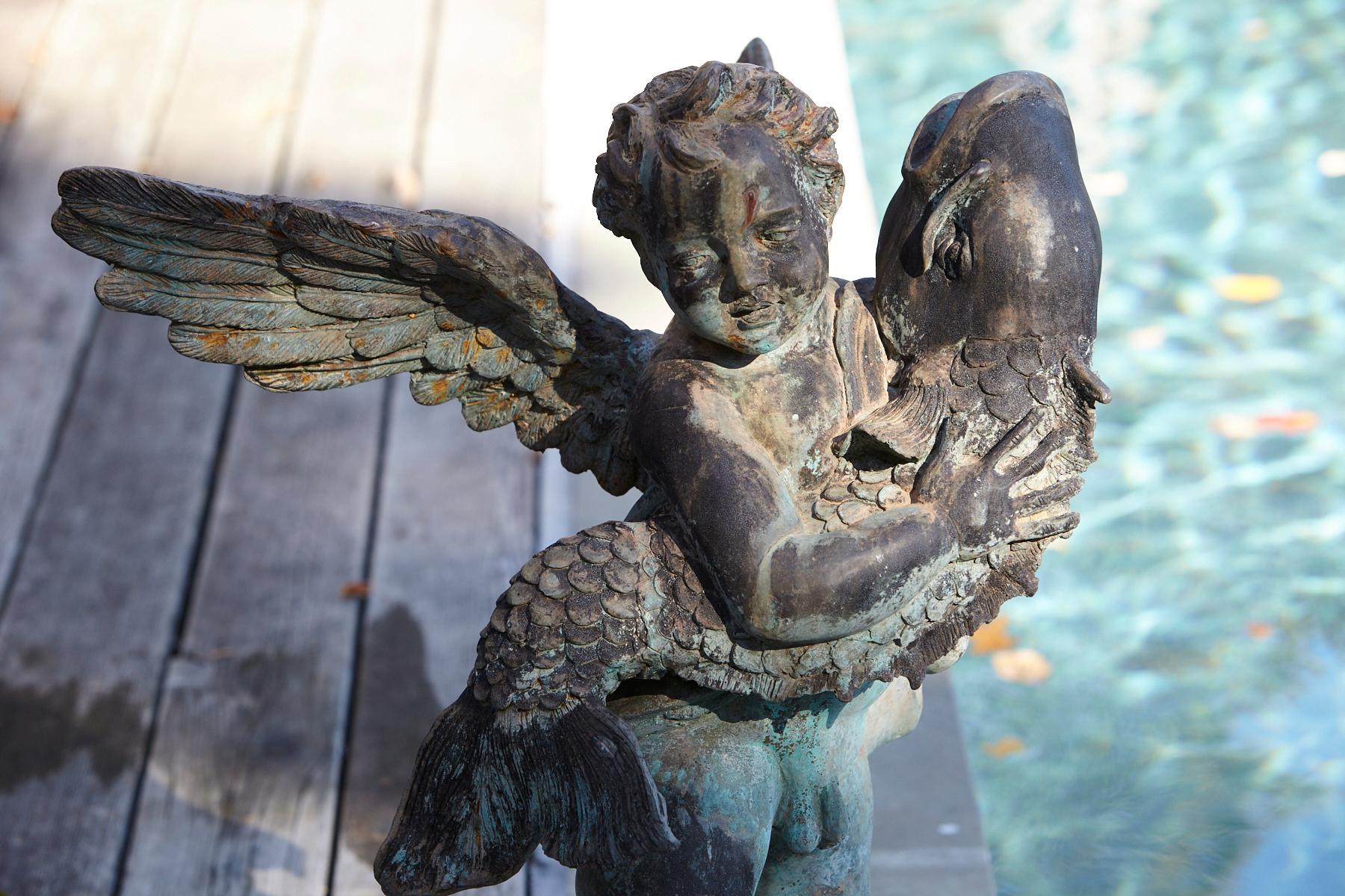 After Verrocchio, Detailed Bronze Water Garden Statue of Cherub and Fish, 1940s 3