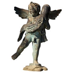 Vintage After Verrocchio, Detailed Bronze Water Garden Statue of Cherub and Fish, 1940s