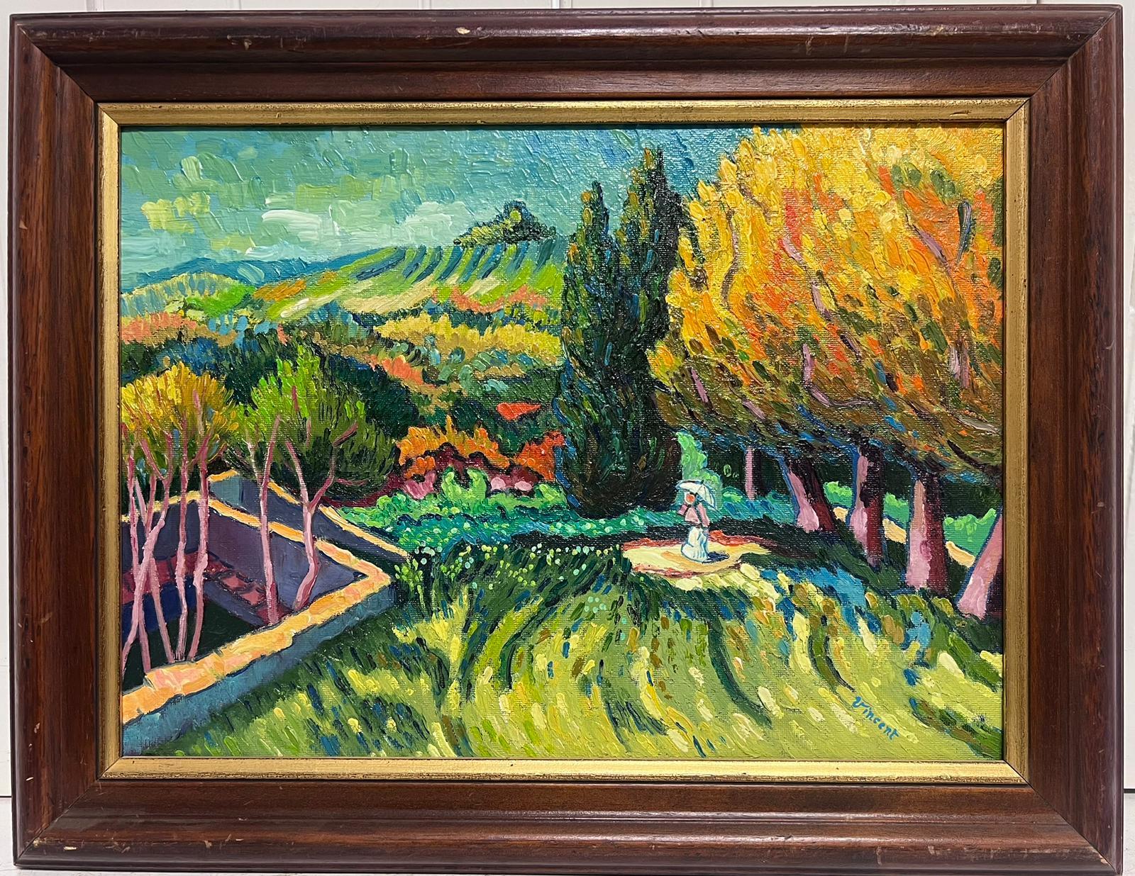 Dama con sombrilla paseando por campos provenzales Pintura al óleo firmada - Painting de after Vincent van Gogh