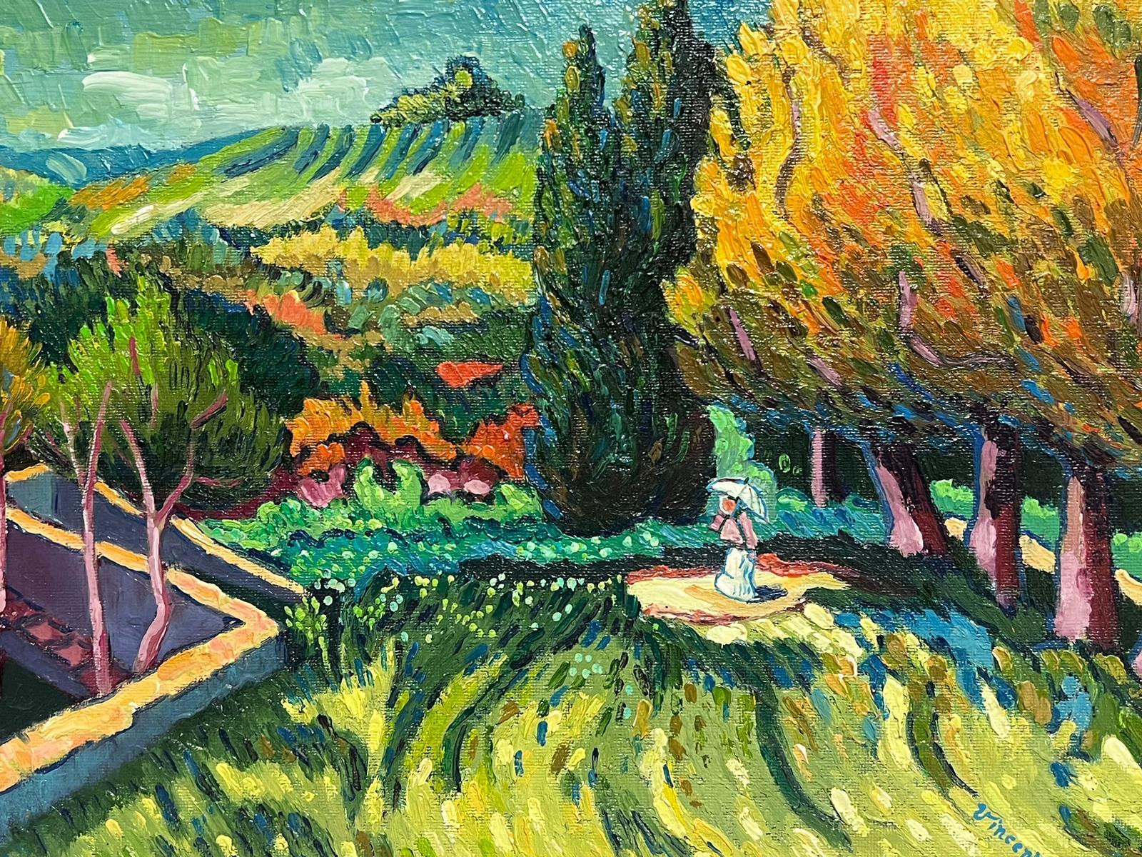 Dama con sombrilla paseando por campos provenzales Pintura al óleo firmada - Painting Posimpresionista de after Vincent van Gogh