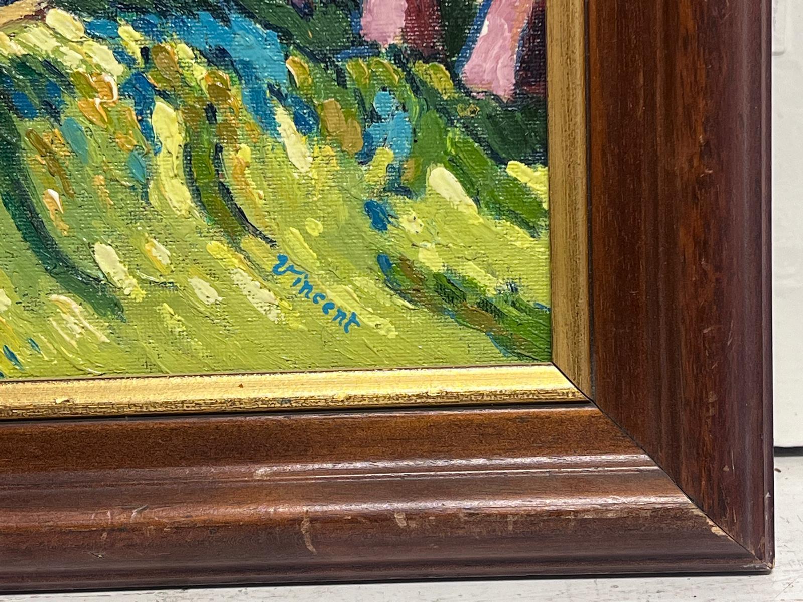 Dama con sombrilla paseando por campos provenzales Pintura al óleo firmada 1