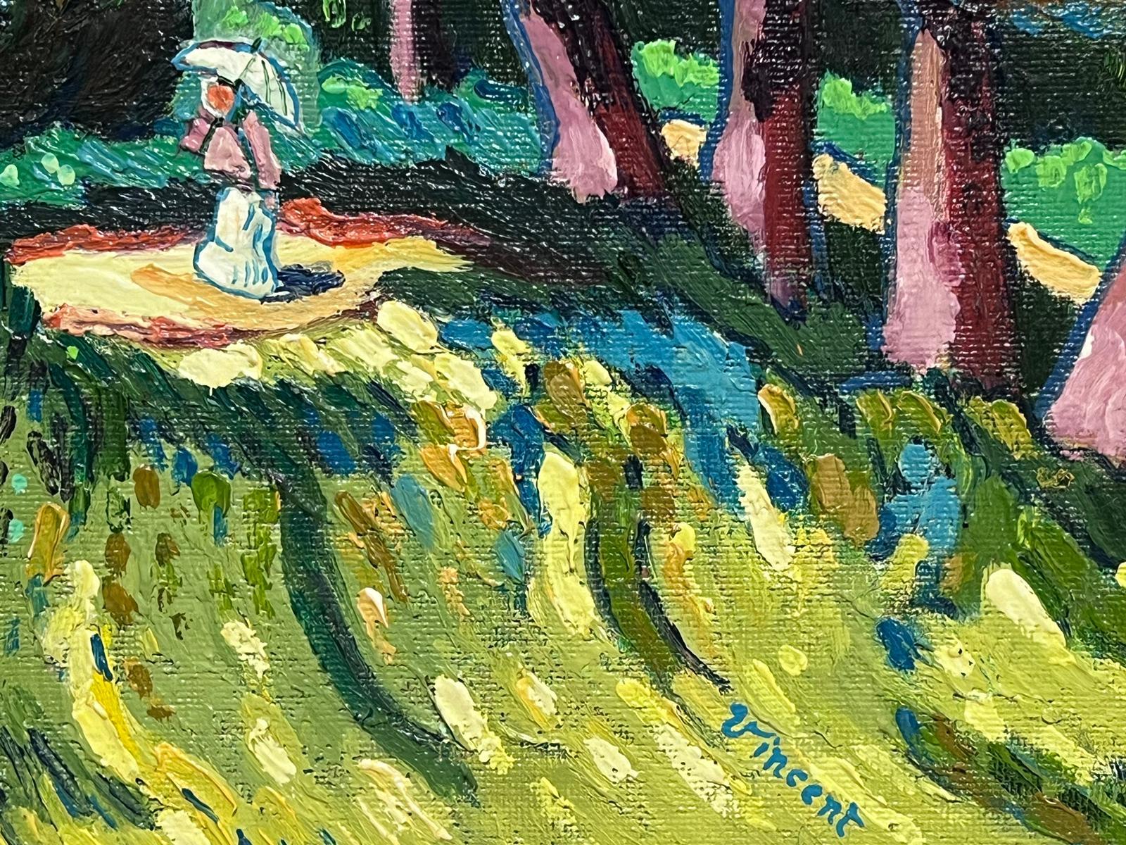 Dama con sombrilla paseando por campos provenzales Pintura al óleo firmada 2