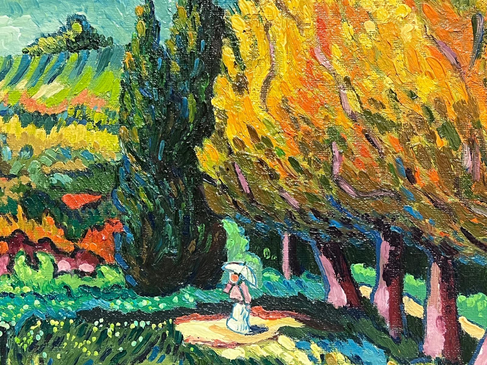Dama con sombrilla paseando por campos provenzales Pintura al óleo firmada 3