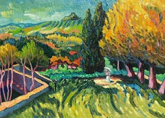 Dama con sombrilla paseando por campos provenzales Pintura al óleo firmada