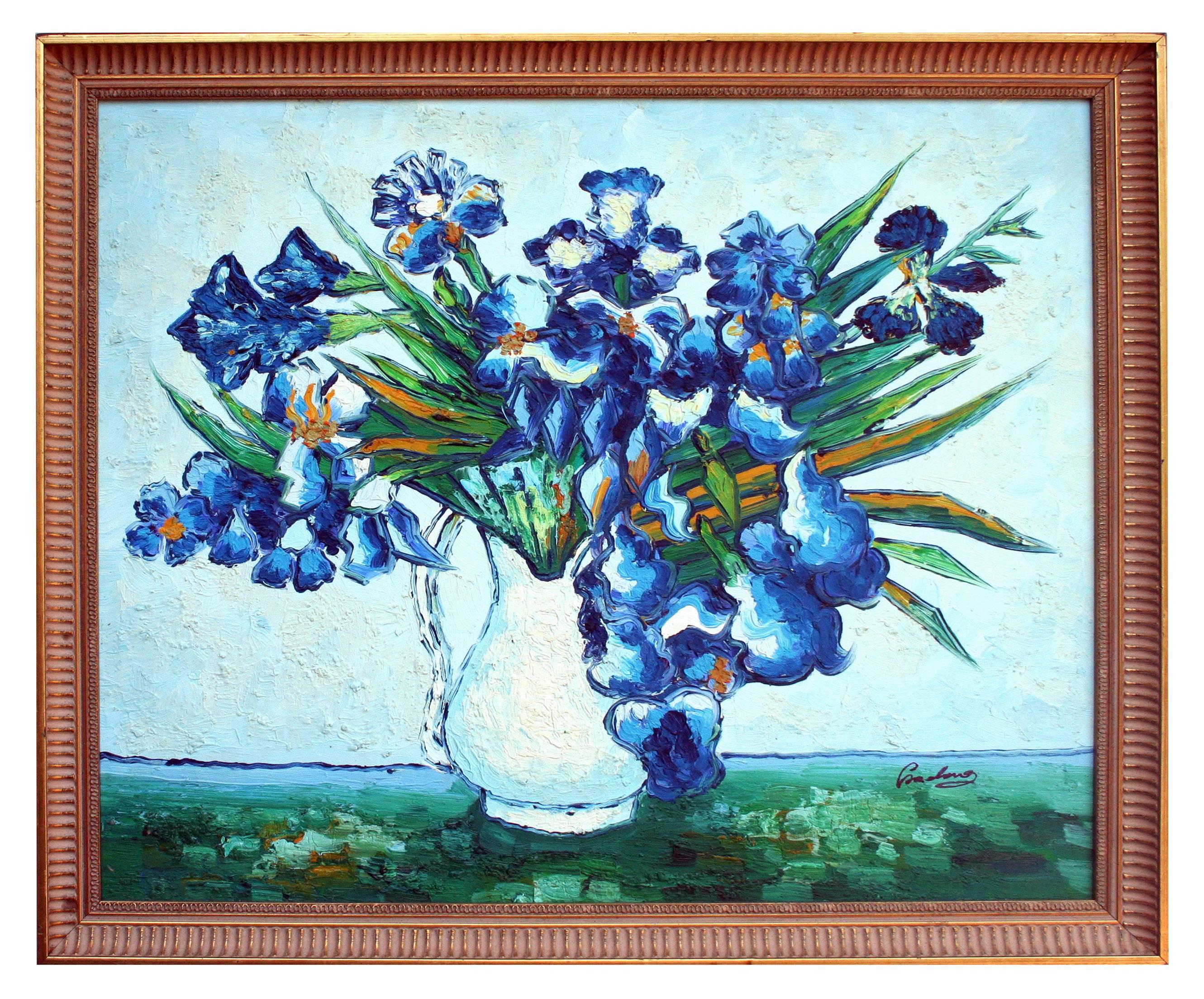 (After) Vincent van Gogh Still-Life Painting - 1950's Blue Iris and White Pitcher Still-Life 