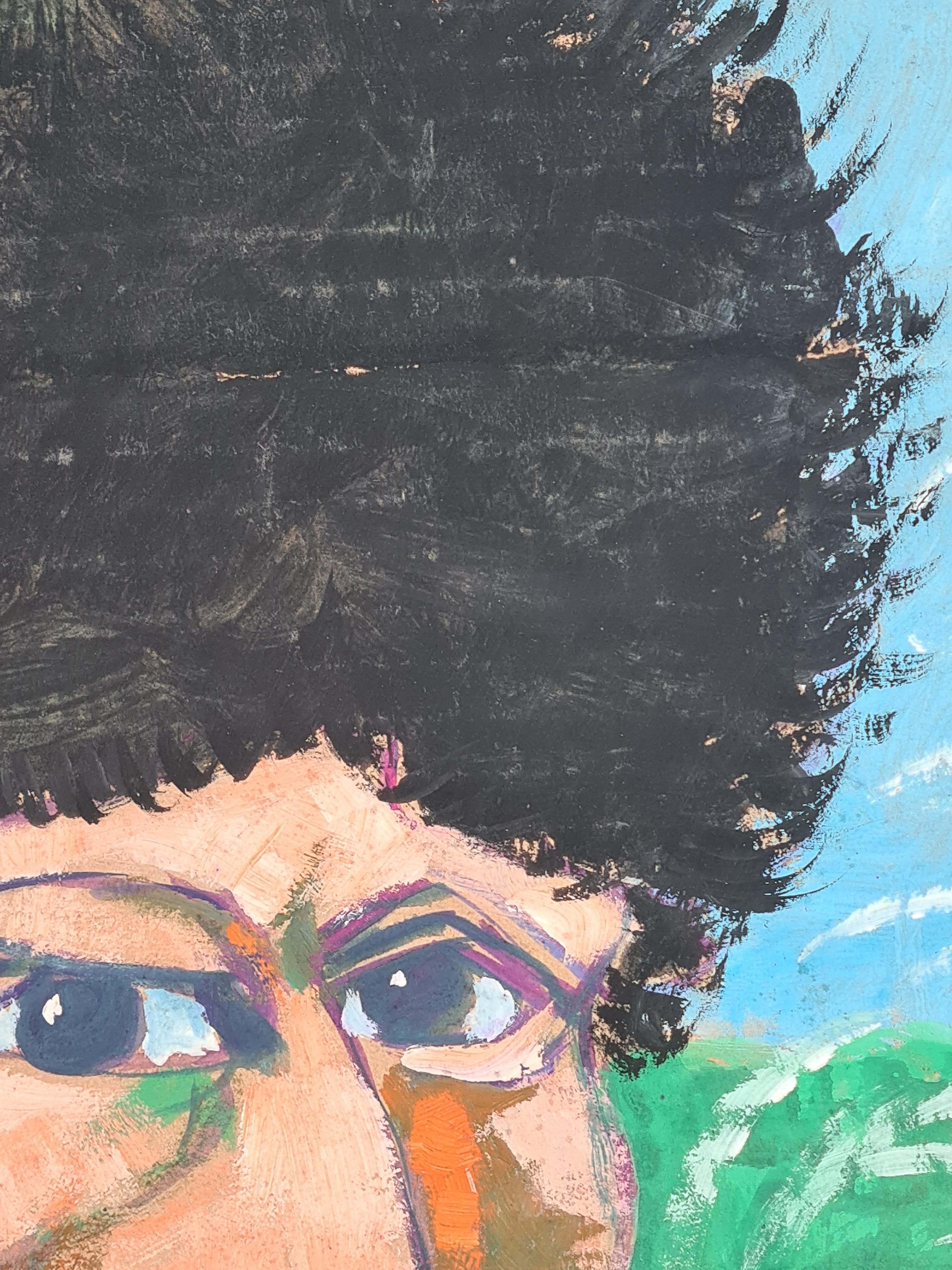 Gouache et aquarelle sur carton ondulé d'après le célèbre autoportrait de Vincent van Gogh avec son bonnet de fourrure, son oreille bandée et sa pipe. Cette peinture est l'œuvre de Jean Ducel, qui a joué avec l'image et l'arrière-plan d'origine pour