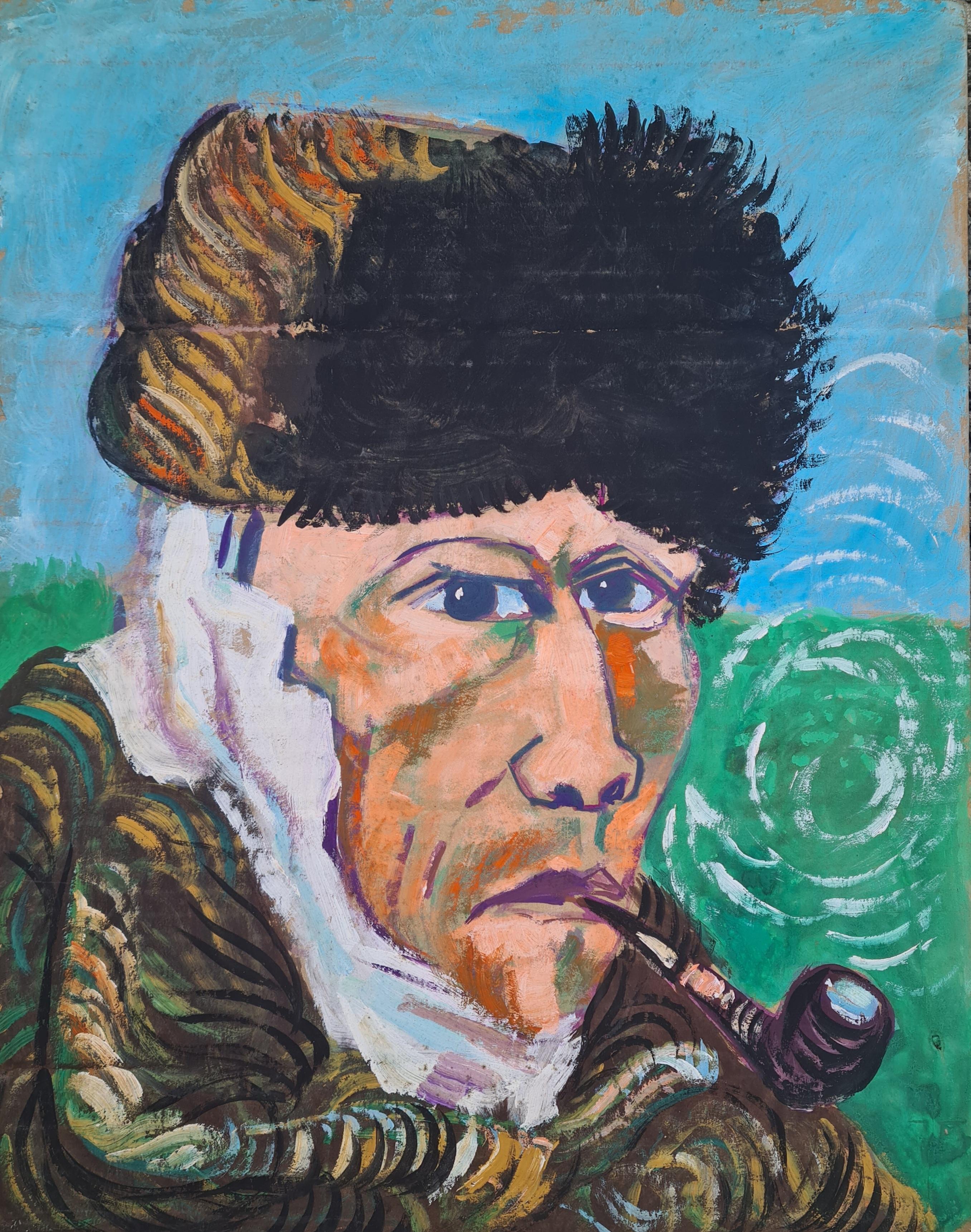 Ritratto di Vincent Van Gogh con orecchio bendato e pipa.