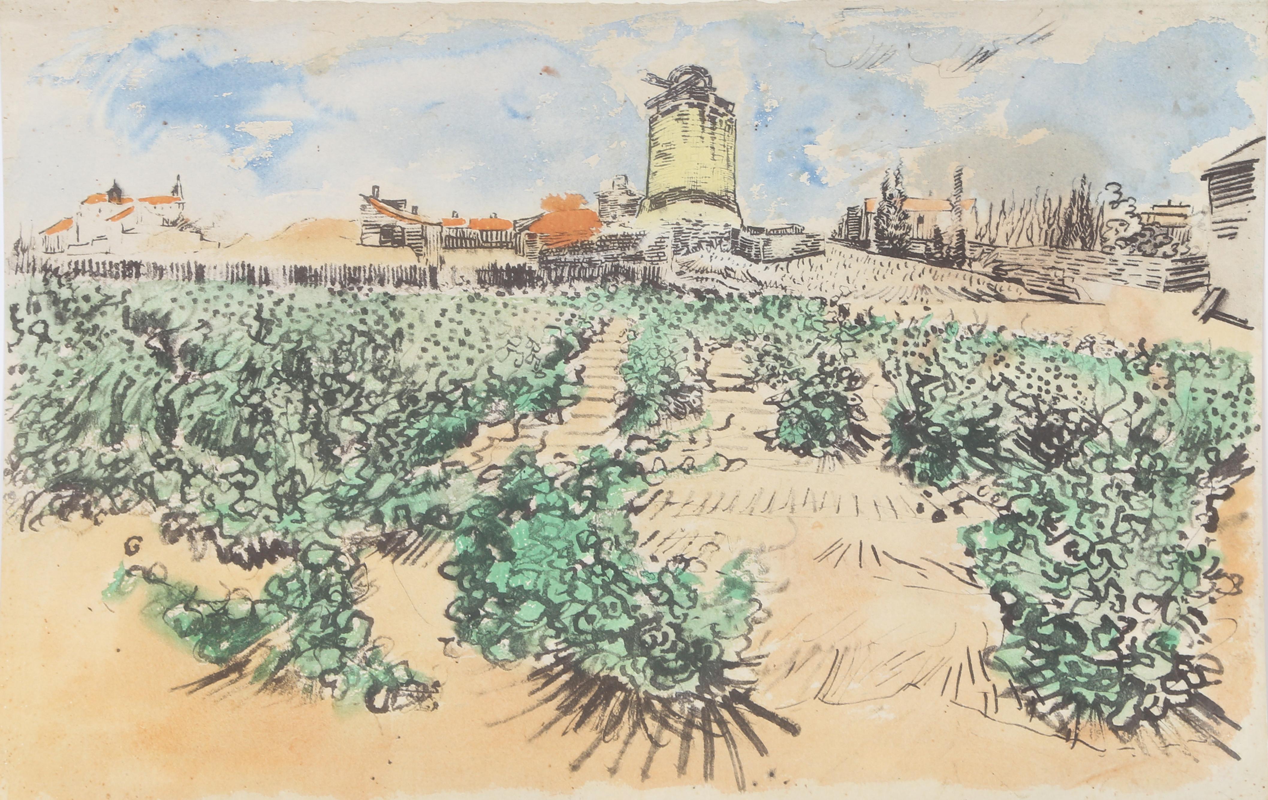 Il mulino di Alphonse Daudet a Fontevieille, litografia dopo Vincent van Gogh - Print di (After) Vincent van Gogh