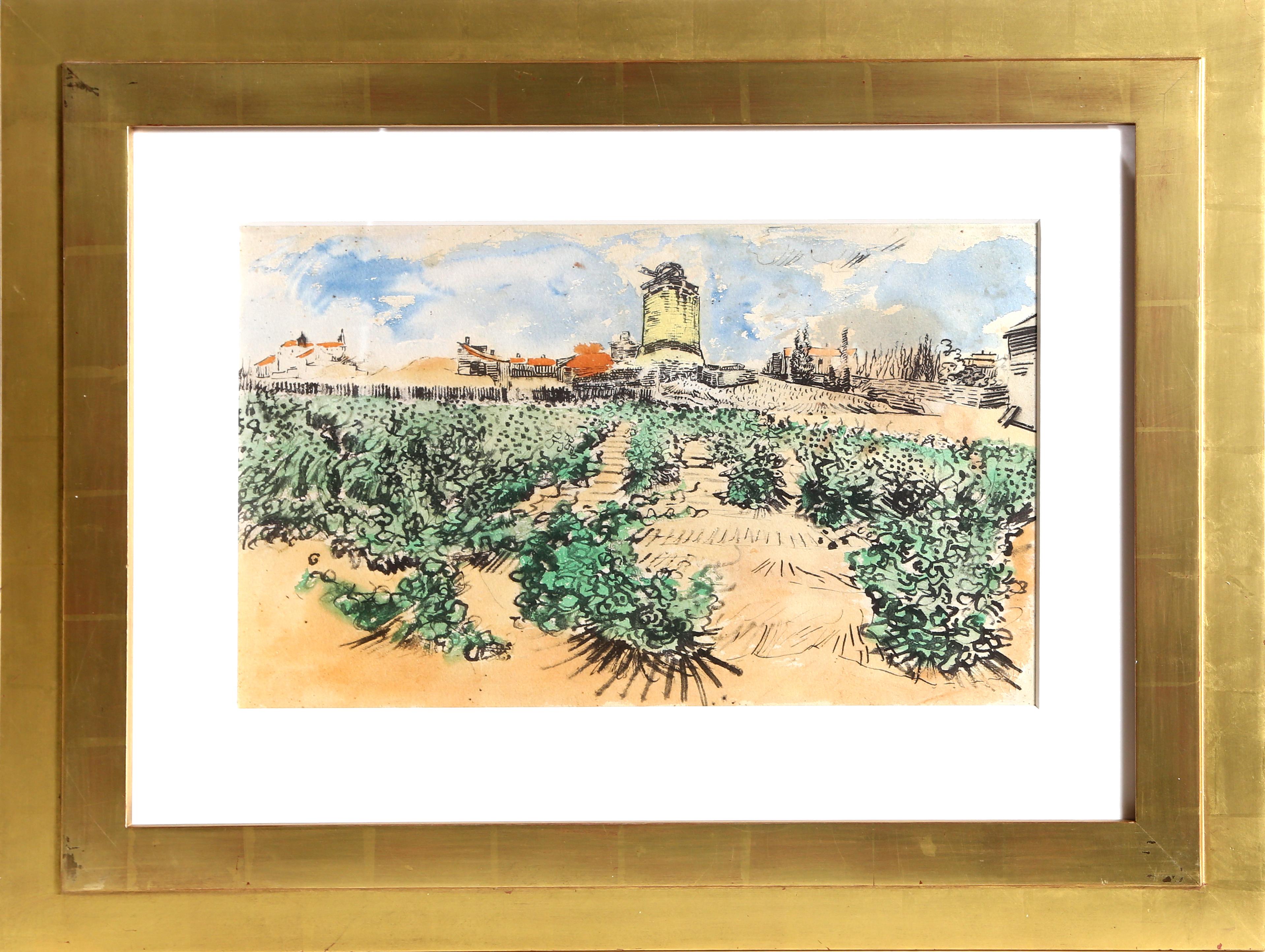 (After) Vincent van Gogh Landscape Print - The Mill of Alphonse Daudet at Fontevieille, Lithograph after Vincent van Gogh