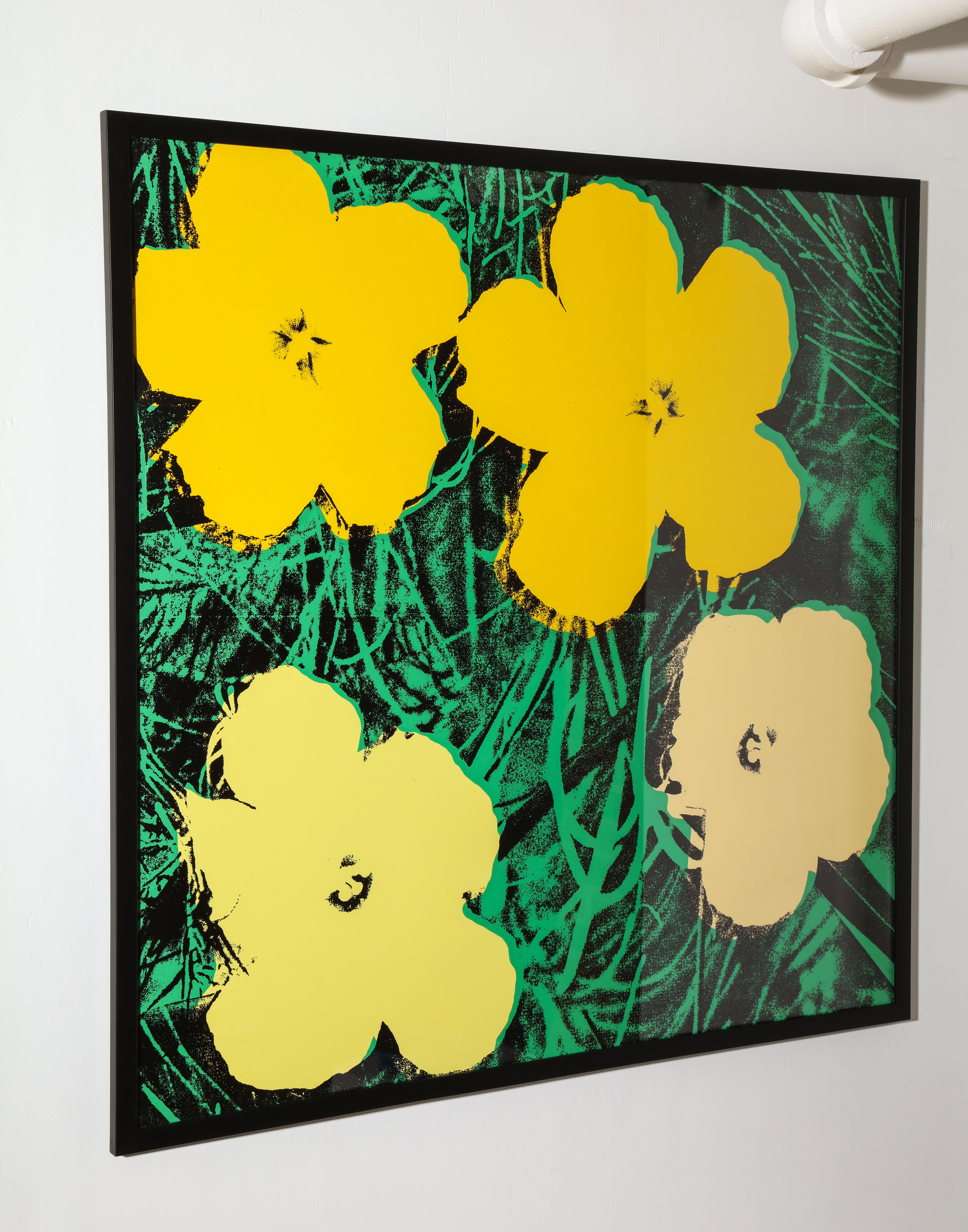 Sunday B. Morning Flowers Stamped Numbered Yellow After Warhol. An early example of a Sunday B. Morning Flowers screenprint with bright and pale yellow flowers floating on a green and black background printed to the edges on heavy stock wove paper.