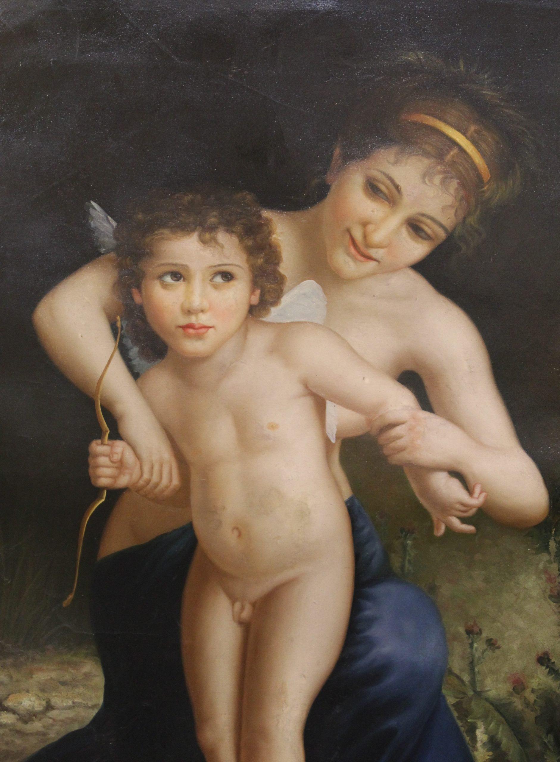 Oil on canvas painting, Disarmed Love, unknown artist, 20th century, after William-Adolphe Bouguereau. ADDITIONAL PHOTOS, INFORMATION OF THE LOT AND SHIPPING INFORMATION CAN BE REQUEST BY SENDING AN EMAIL.

Indicative shipping costs in Italy: 180€