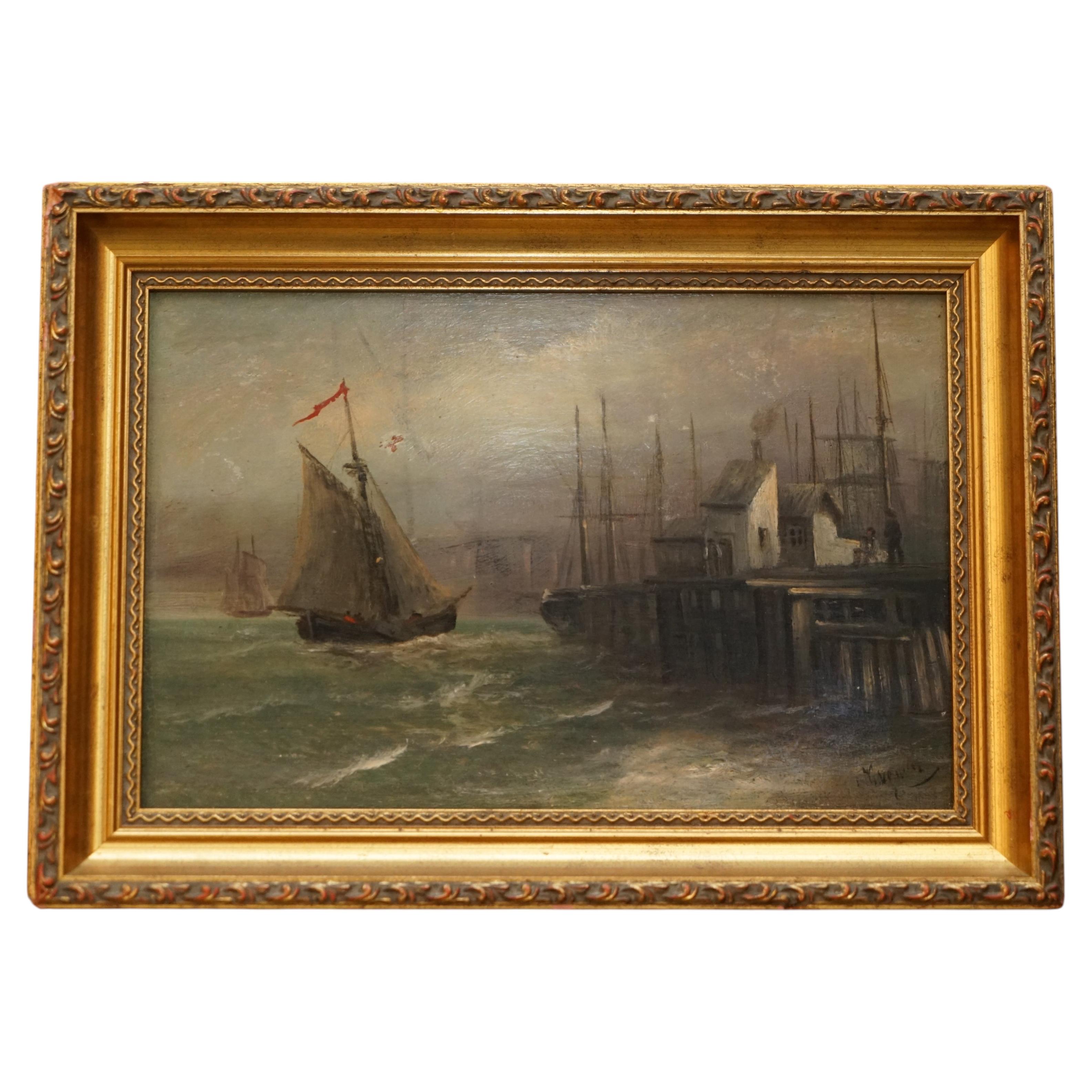AFTER WILLIAM ANSLOW THORNLEY 1858-98 NAUTICAL OIL PAINTING TiTLED OFF THE WHARF